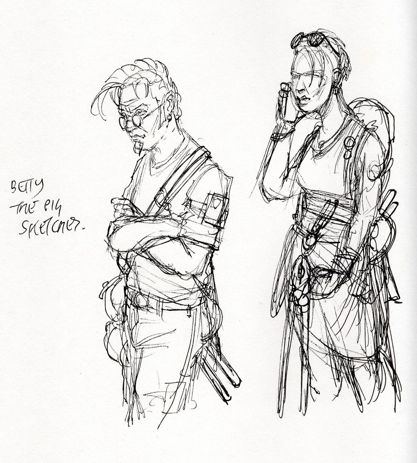 Two of the sketchbook/pen character sketches dropped into the digital image and painted over.