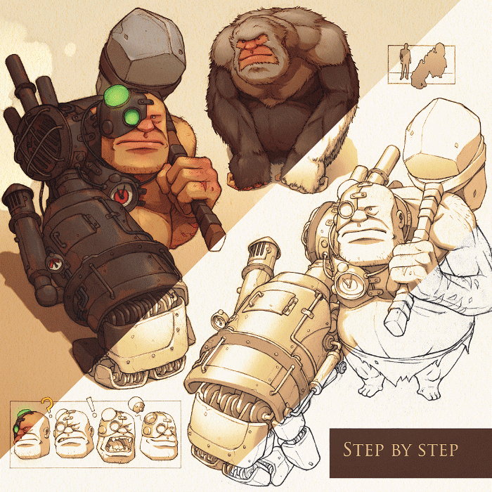 Design process of Hammer Hand monster concept.