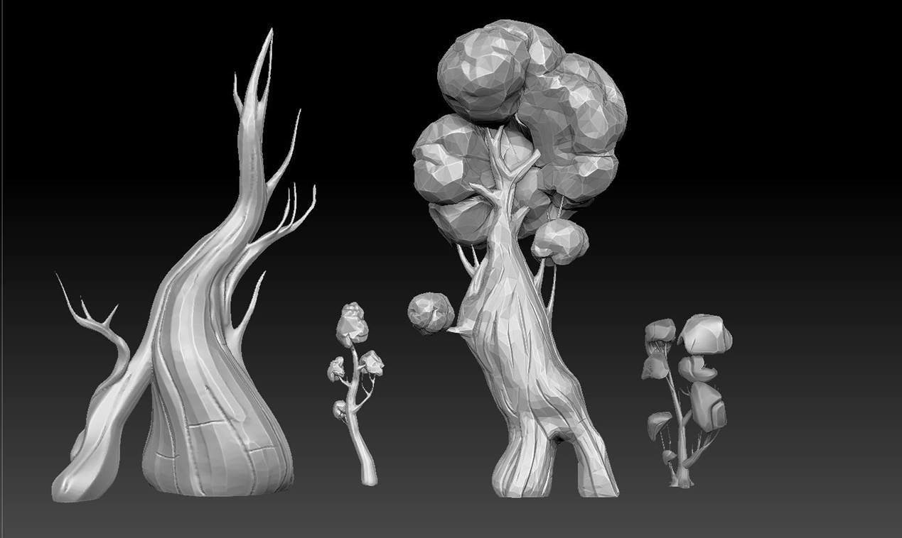 Zbrush concept and design for tree shapes that were unique enough to feel offworld, but also work when tiled a bunch.  I banked on rotating them a ton and scaling them as much as I could get away with.  The team did something much better in the end. :)
