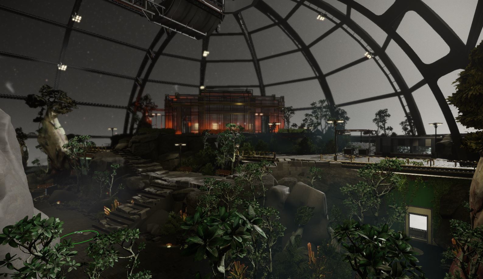 I was hoping that based on the time of day, the greenhouse exterior glass would shift in hue to add a nice point of dynamism to the overall level.  