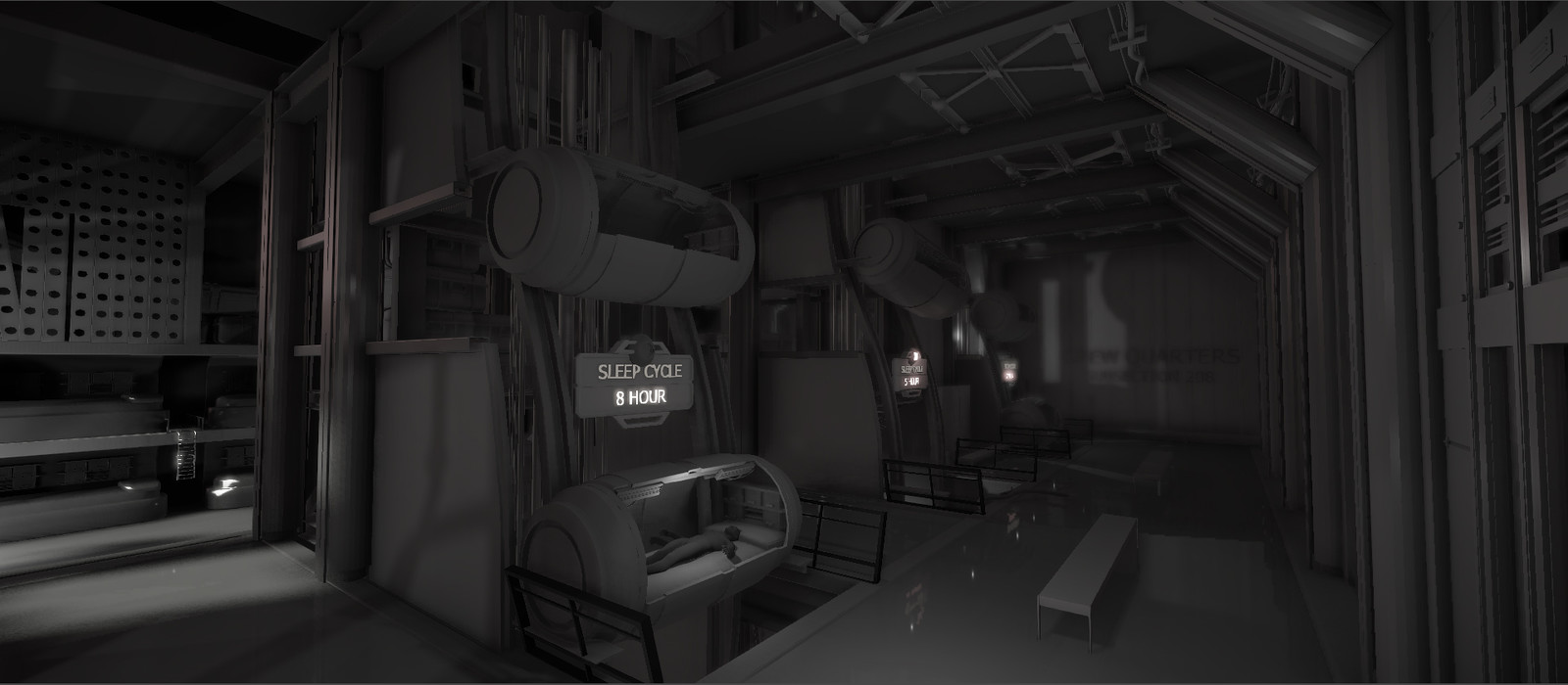 Previs playable concept I created to depict Transtar engineer sleeping chambers--Slow rotating rotisserie style japanese hotel pods.  