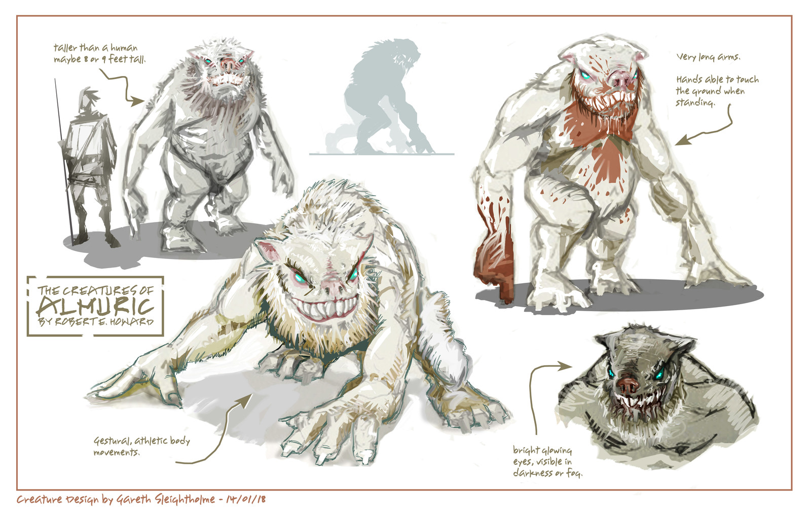 A creature from Robert E. Howard's Almuric. - beasts described as having bodies like "deformed apes, covered with sparse dirty white fur. Their heads were doglike, with small close-set ears. But their eyes were those of serpents..."