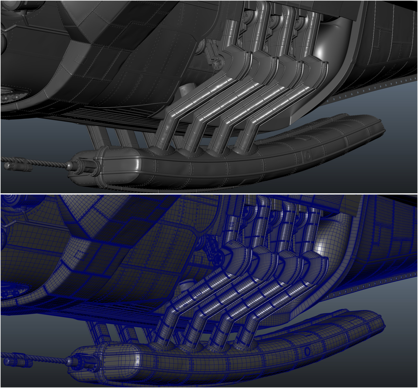 maya screen grab of the Sub I modeled. It was modeled old school all in maya no displacements. resolution was needed to sculpt the panels. There are 60000+ rivets. Model is also water tight for water sims.
