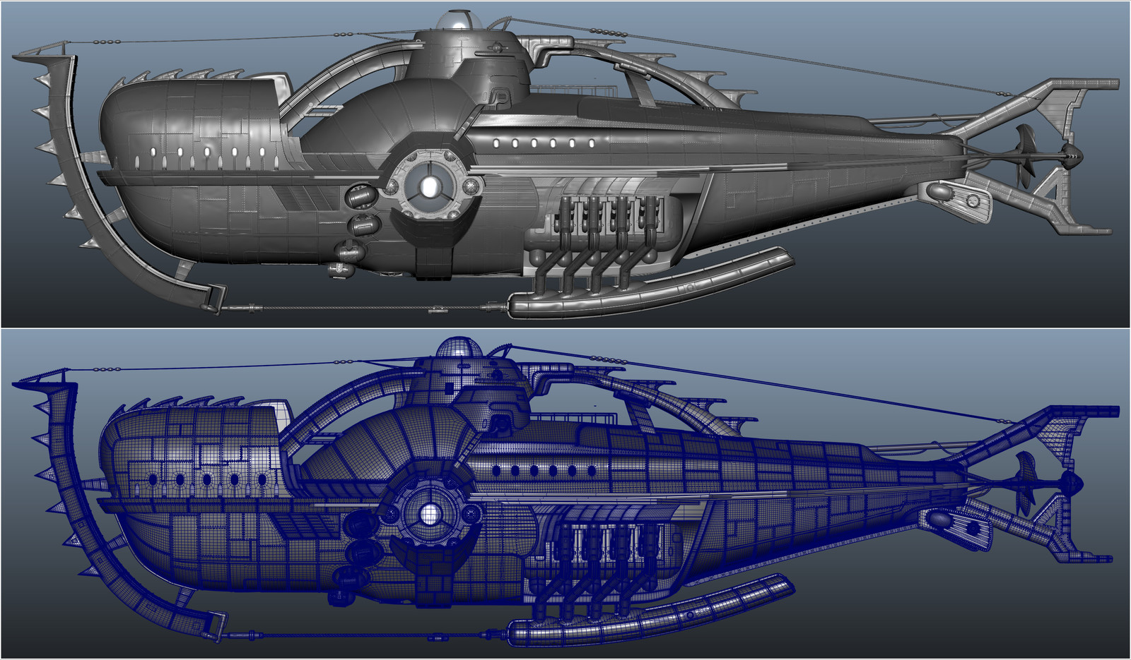 maya screen grab of the Sub I modeled. It was modeled old school all in maya no displacements. resolution was needed to sculpt the panels. There are 60000+ rivets. Model is also water tight for water sims.
