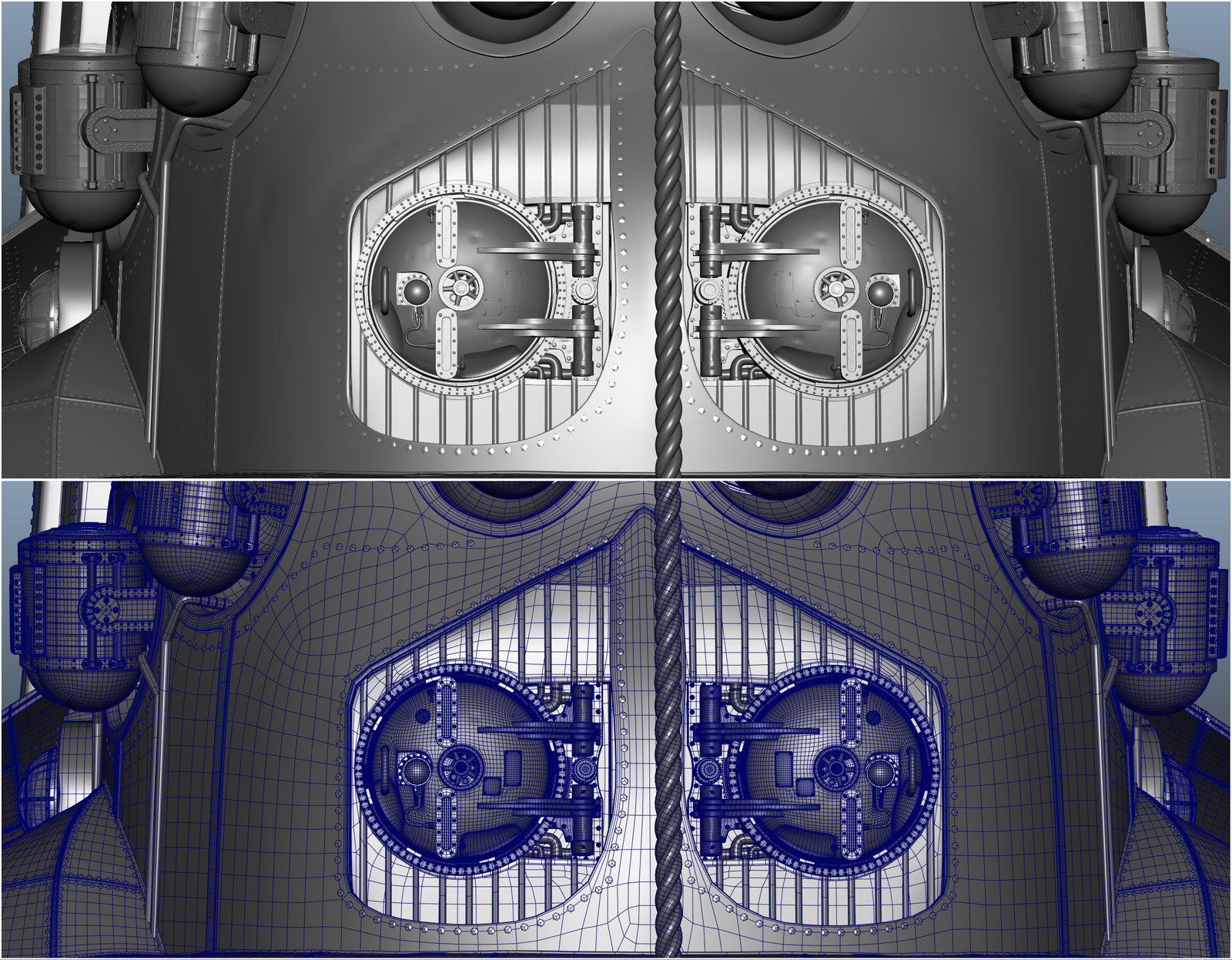 maya screen grab of the Sub I modeled. It was modeled old school all in maya no displacements. resolution was needed to sculpt the panels. There are 60000+ rivets. Model is also water tight for water sims.