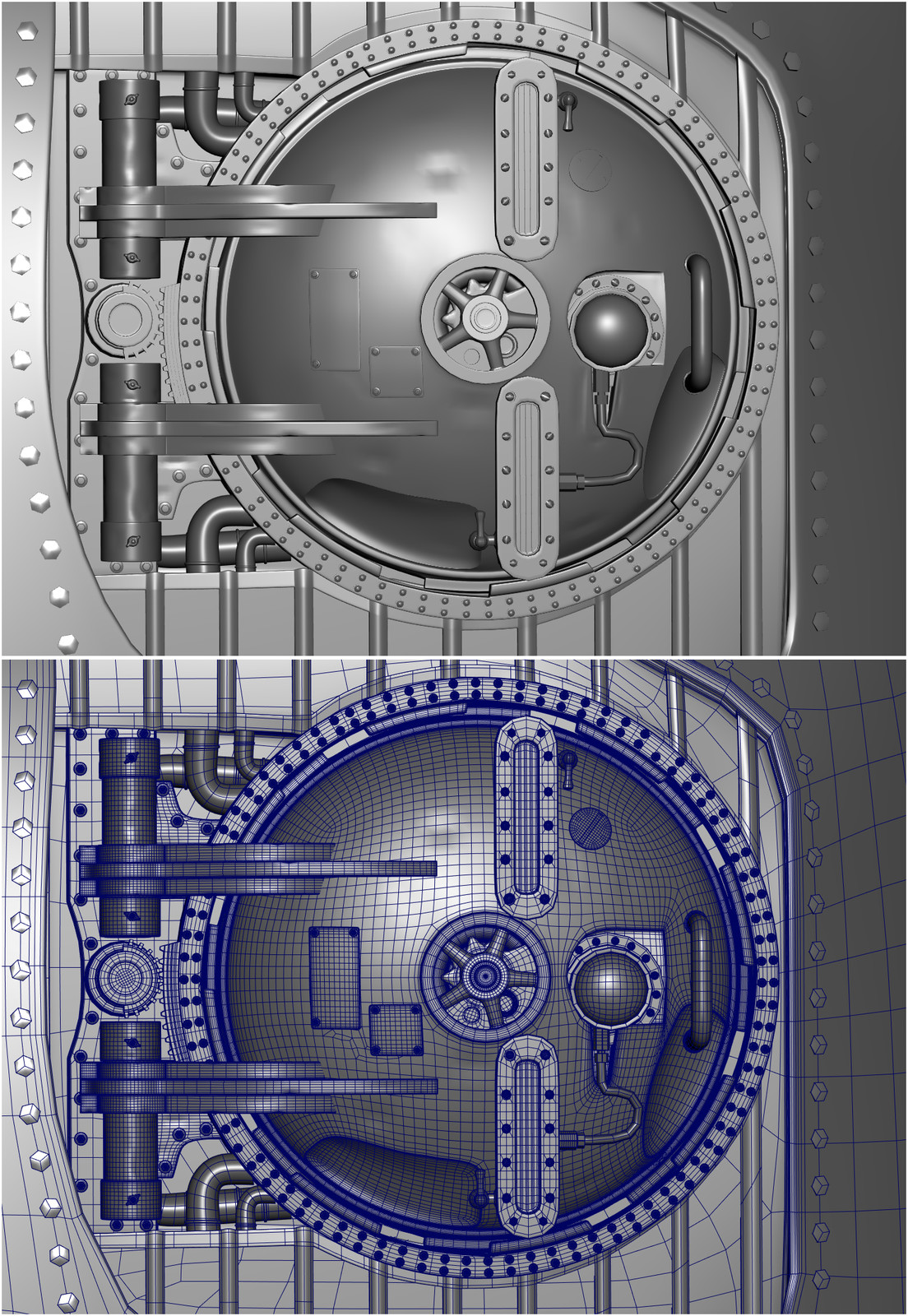 maya screen grab of the Sub I modeled. It was modeled old school all in maya no displacements. resolution was needed to sculpt the panels. There are 60000+ rivets. Model is also water tight for water sims.