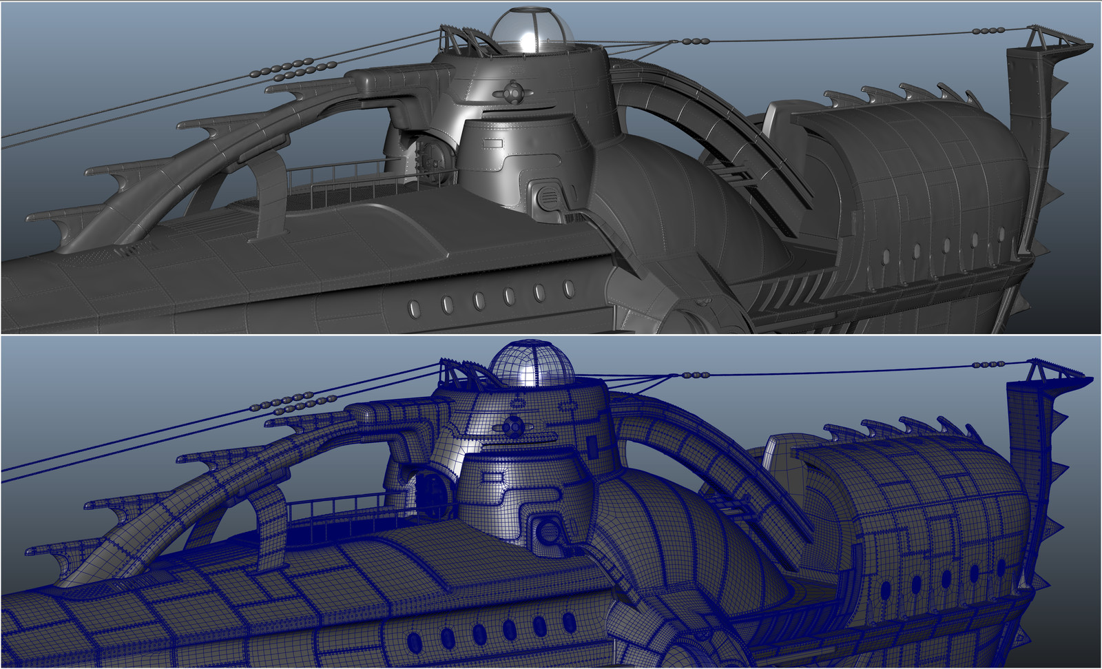 maya screen grab of the Sub I modeled. It was modeled old school all in maya no displacements. resolution was needed to sculpt the panels. There are 60000+ rivets. Model is also water tight for water sims.