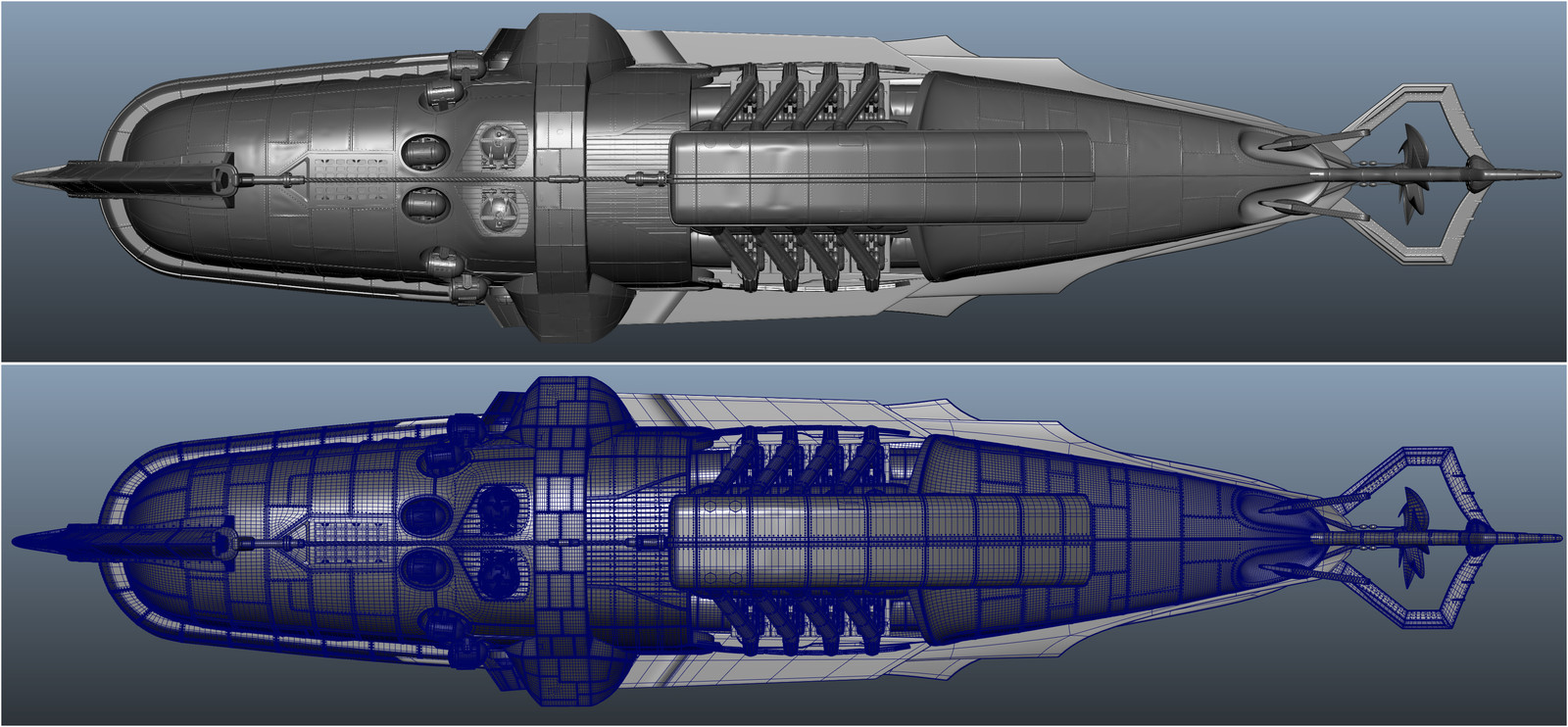 maya screen grab of the Sub I modeled. It was modeled old school all in maya no displacements. resolution was needed to sculpt the panels. There are 60000+ rivets. Model is also water tight for water sims.