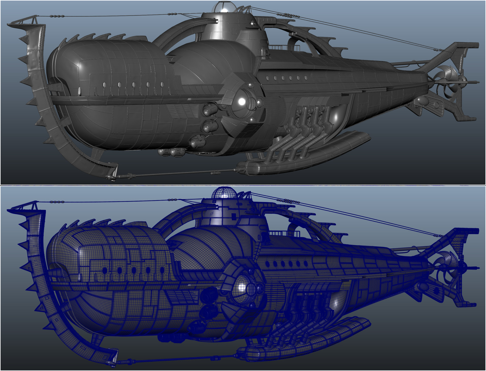 maya screen grab of the Sub I modeled. It was modeled old school all in maya no displacements. resolution was needed to sculpt the panels. There are 60000+ rivets. Model is also water tight for water sims.