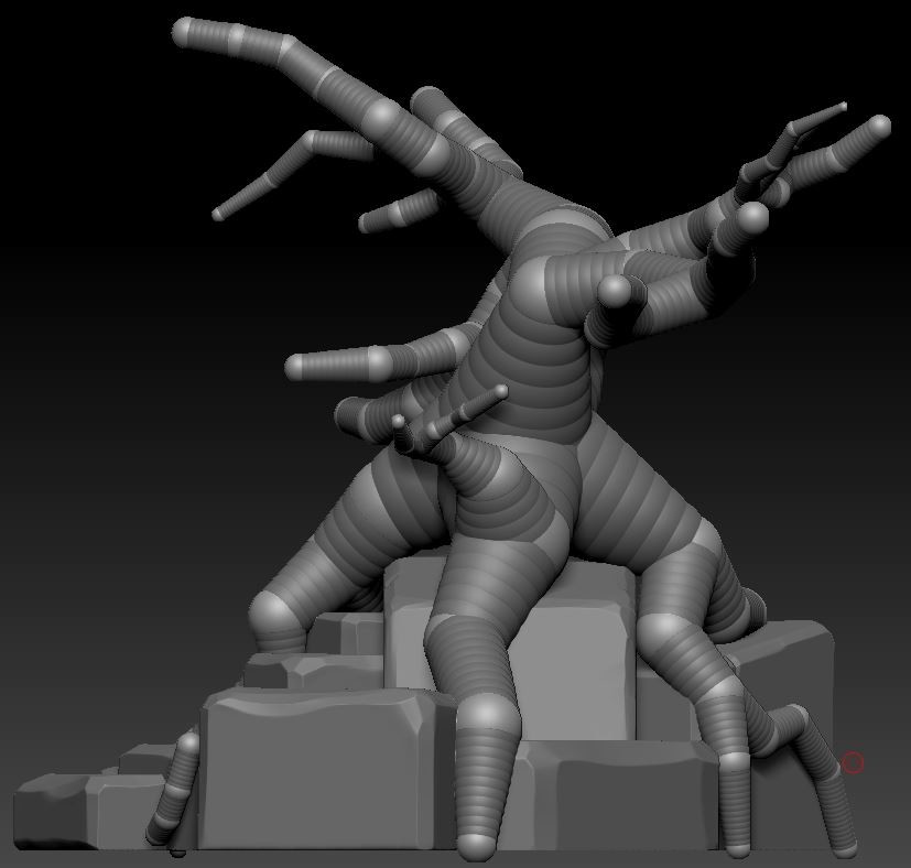 Block-out + sculpting.
I already started to sculpt the rocks, and leaved the tree in Zsphere mode so I can adjust it after I am done with the rocks