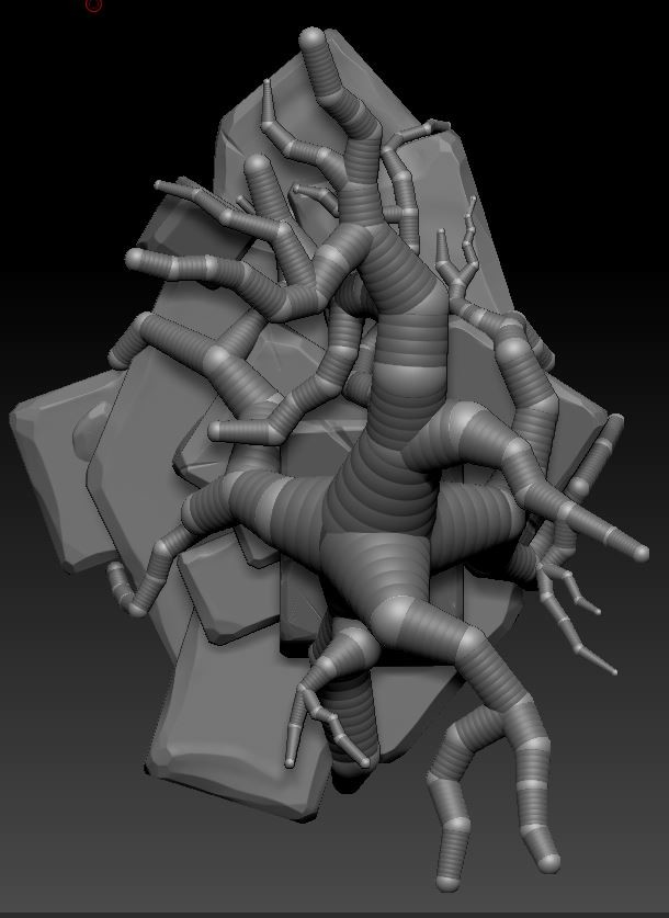 Block-out + sculpting.
I already started to sculpt the rocks, and leaved the tree in Zsphere mode so I can adjust it after I am done with the rocks