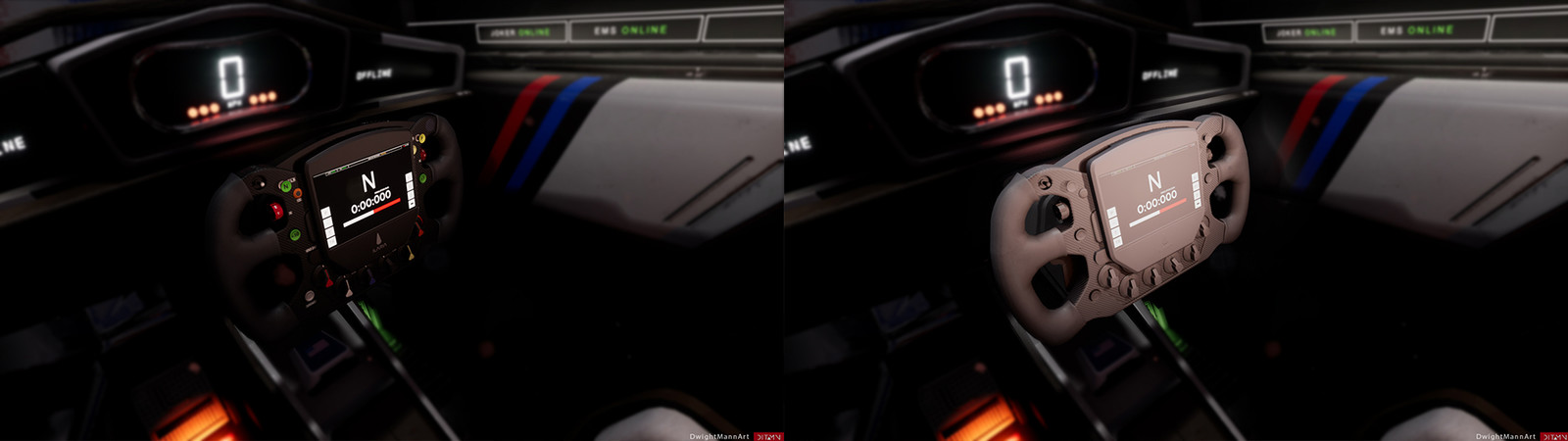 Race Steering Wheel - Devin Hipp. https://www.artstation.com/artwork/3xJ2E
Display node attachment &amp; Driver UI (Functional) - Myself