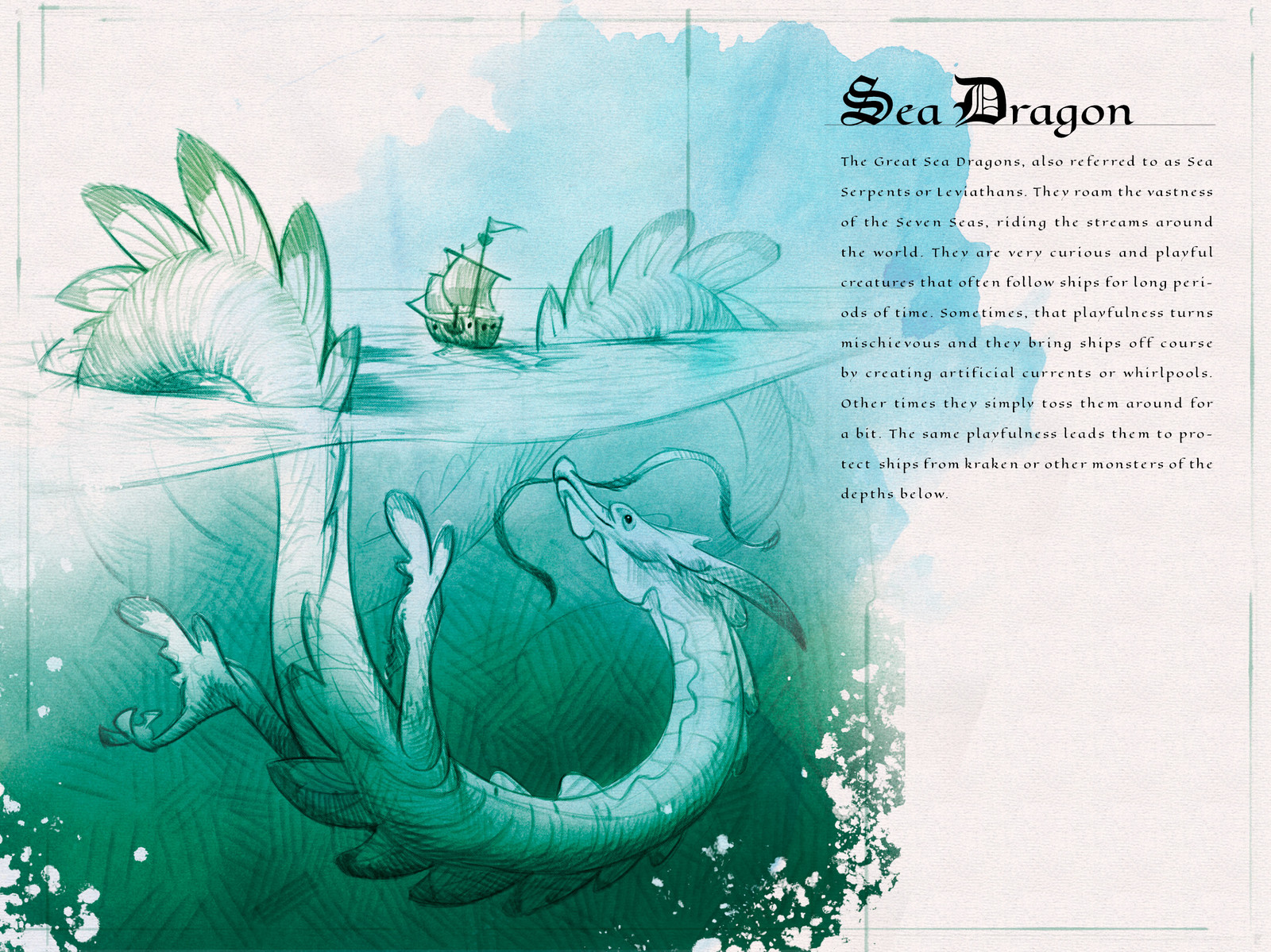 Page one of the  Dragon Compendium showing and describing the Sea Dragon