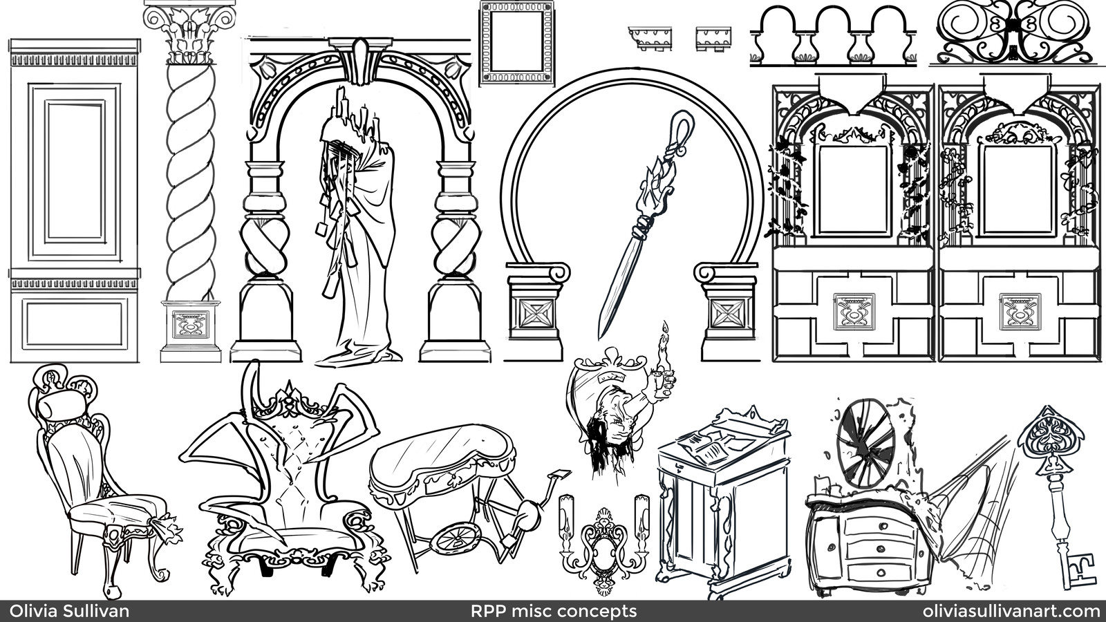 Model sheet. Various mod pieces and props visualization. 