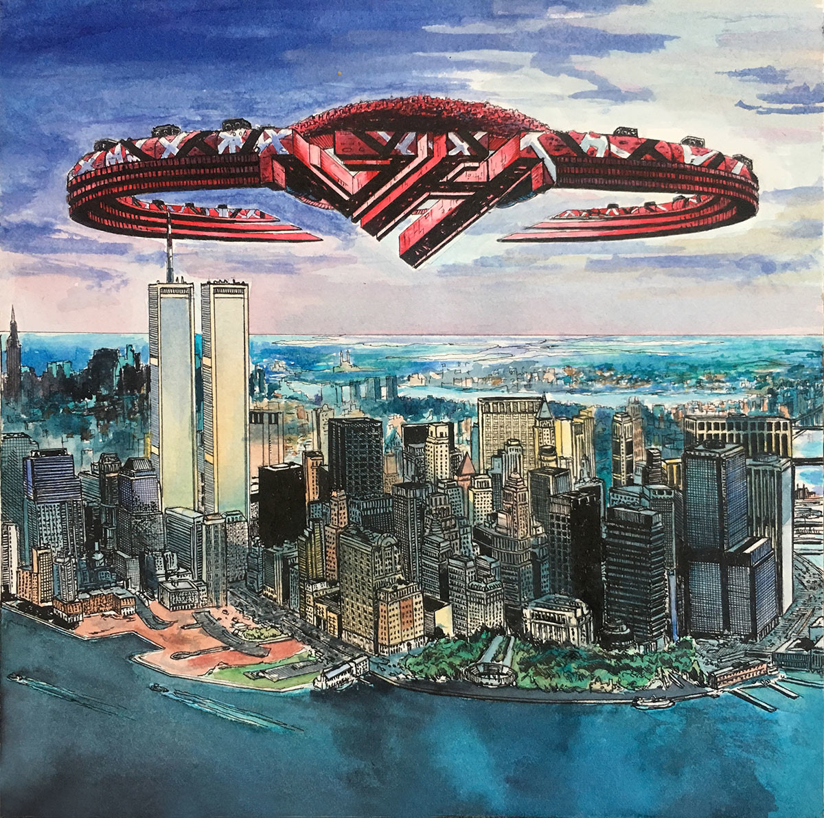 8" x 8' pen and ink colored with watercolor. This was a fun attempt to create album artwork for my favorite band, Van Halen. It was done before September 11th, 2001. I had mailed a copy to the band shortly before that and received a positive response. 
