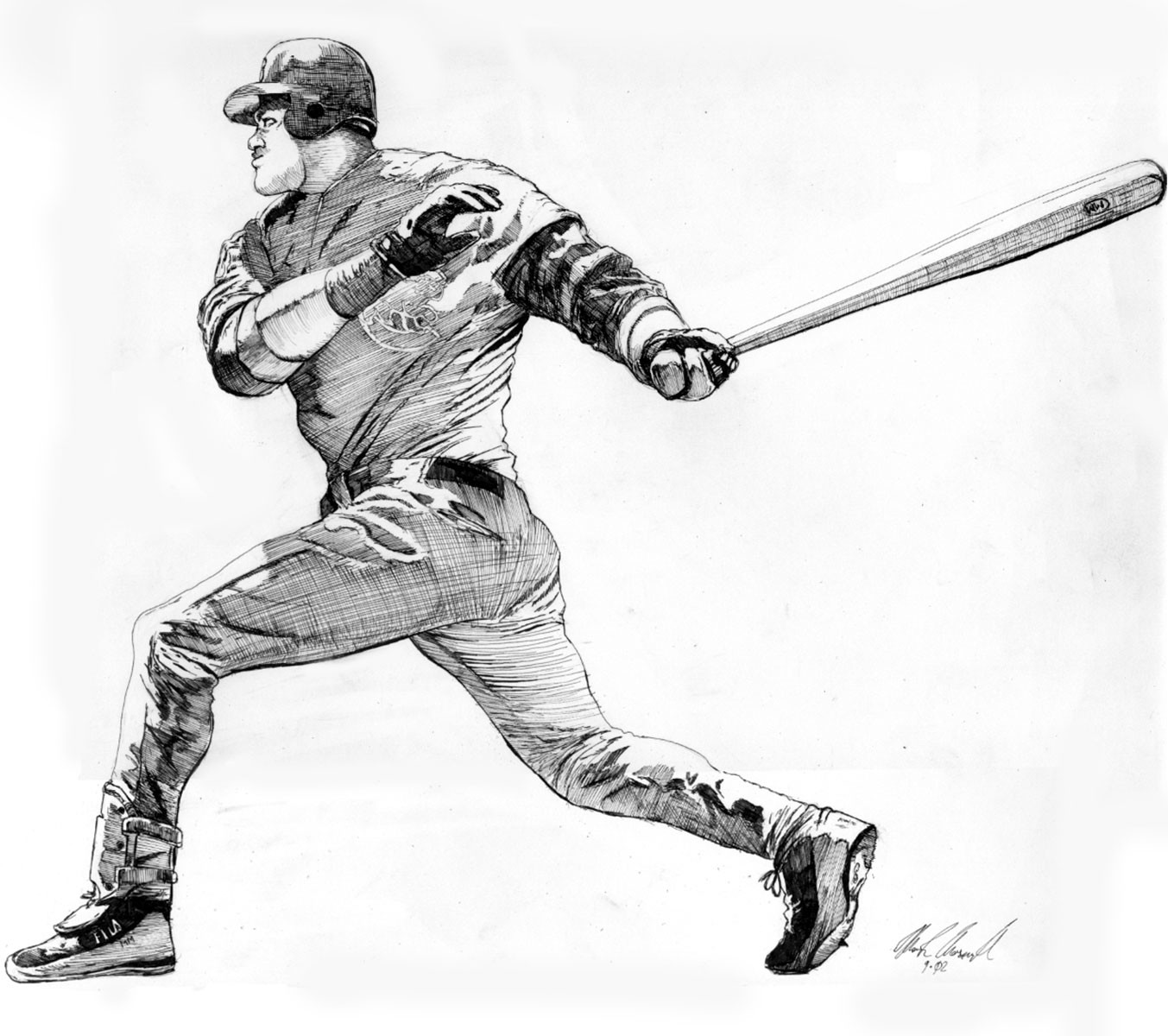 8" x 10" pen and ink drawing of Sammy Sosa of the Chicago Cubs, drawn referencing a photo that appeared in a newspaper spread. 