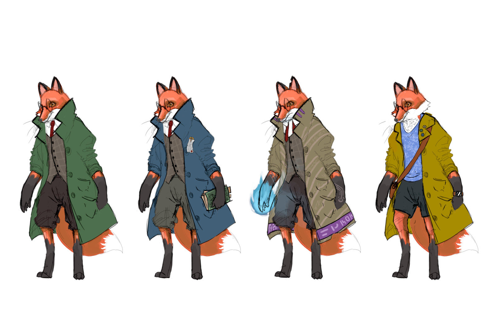 Since this was to be a quick concept for a character, I didn't spend too much time rendering it all out. 

Left to right: 
base
sophisticated
battle witch
modern