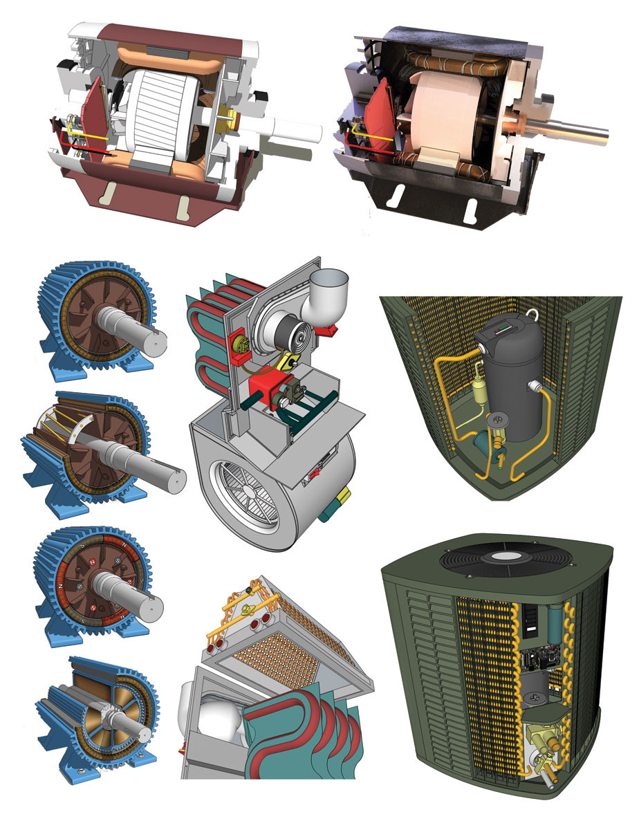 These are additional 3D models created for use in the book depicting motors, a residential HVAC assembly, and a residential air conditioning unit.