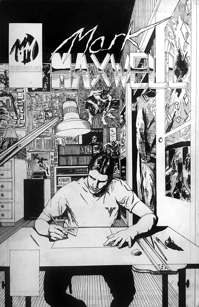 This is a personal piece I did, a self-portrait piece depicted as a comic book cover. Some of the pieces hanging on the wall in the background reflect influences as well as some of my own art.