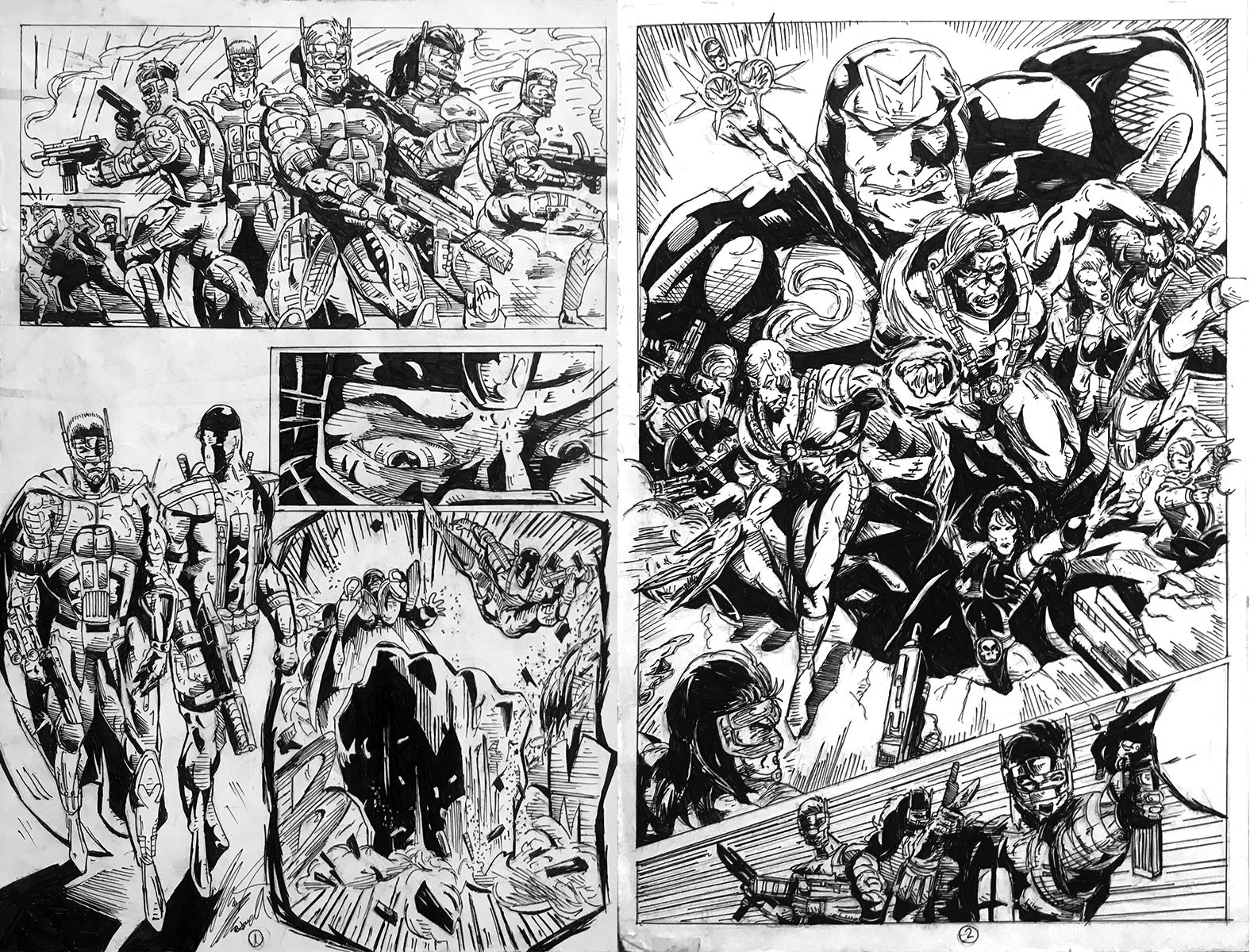 This was a 2-page spread done as a submission to Image comics years ago when they were a single entity as a publisher. This was before I had seen anyone other than Jim Lee draw the WildC.A.T.S.