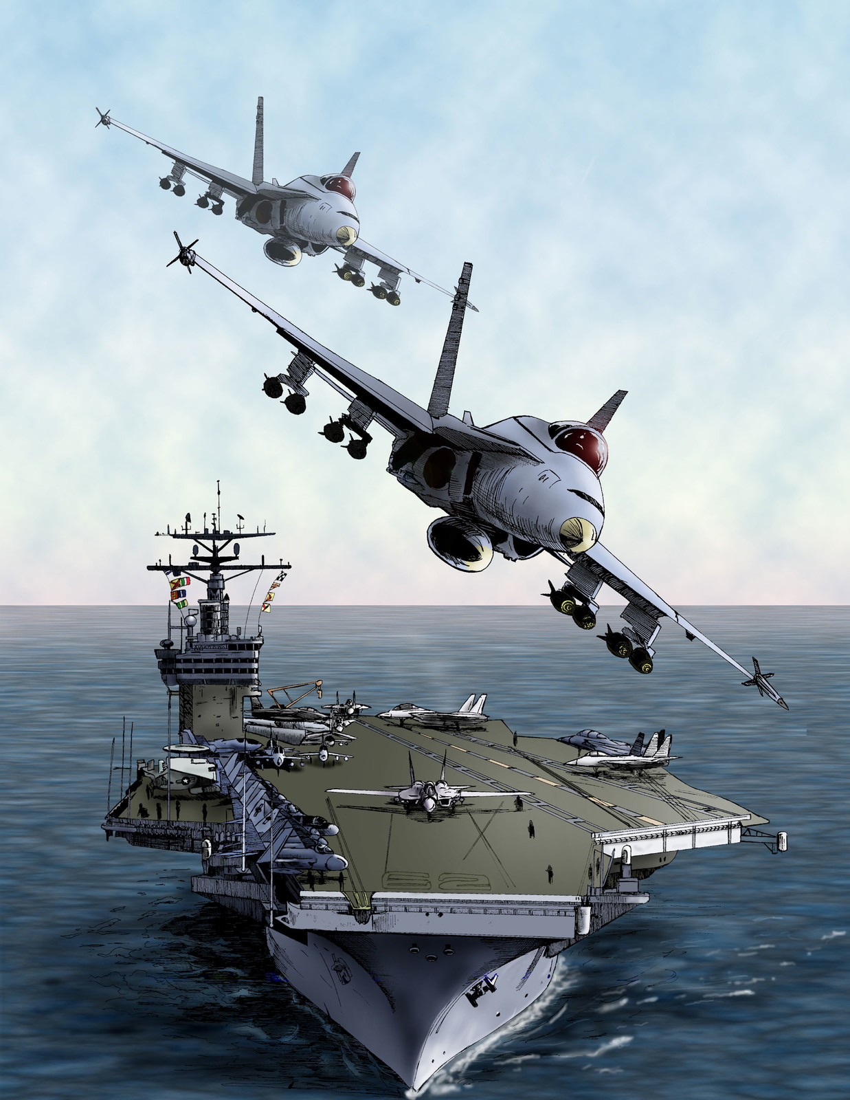 I composited together a drawing I made of an F-18 and an aircraft carrier, colorized in Photoshop, and created the water and sky in Photoshop.