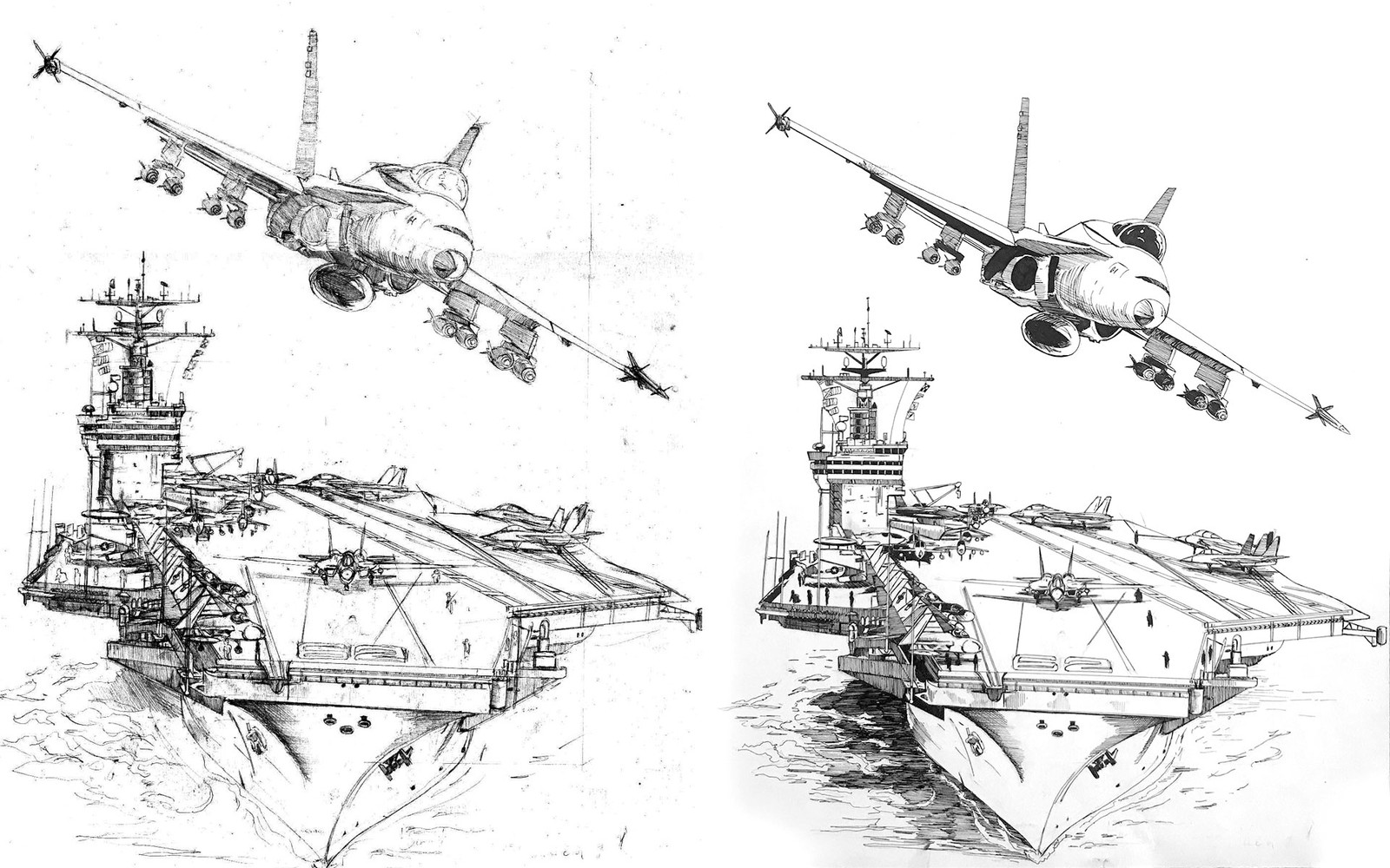 Original pencils and ink. The plane and carrier were drawn on separate sheets at approximately 10"x14"