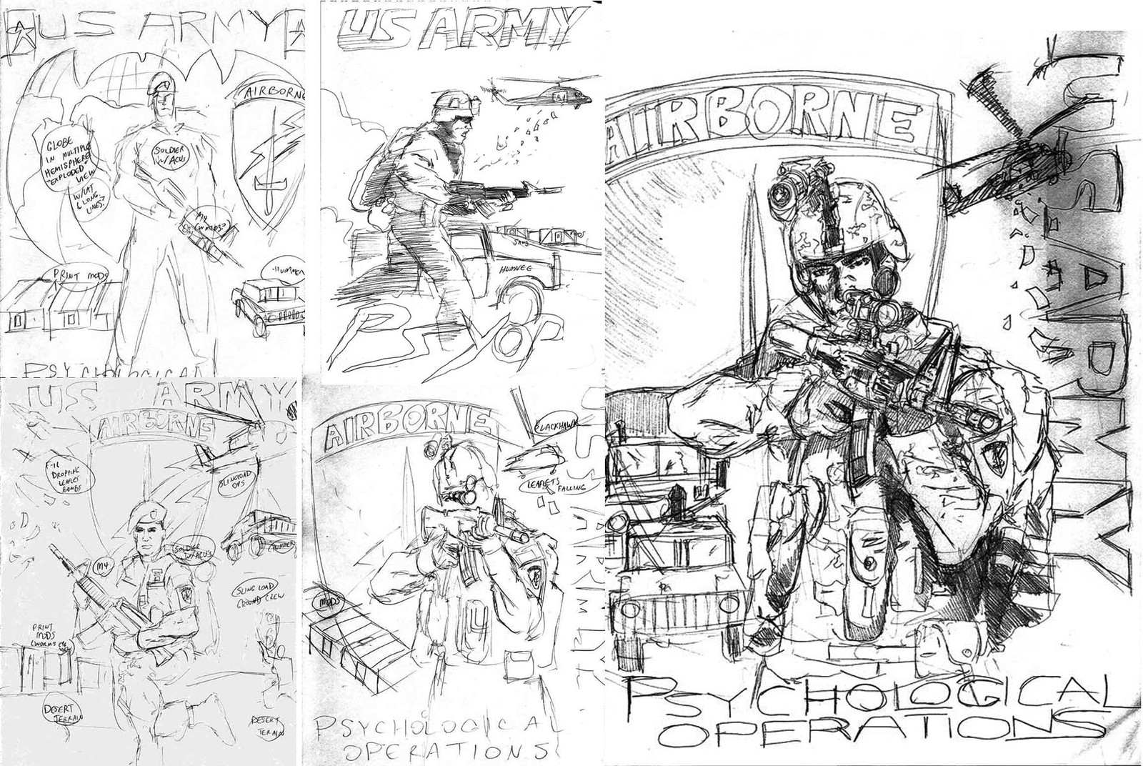 Thumbnail proposals of the subject matter requested by leadership, with a slightly tighter comp based on approval of the lower-right thumbnail.
