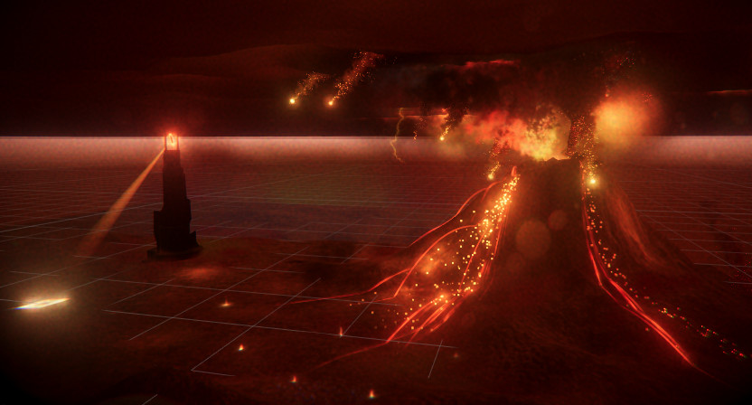 Scene View, with the new projectiles and Sauron's gaze (one cone mesh with a spotlight).