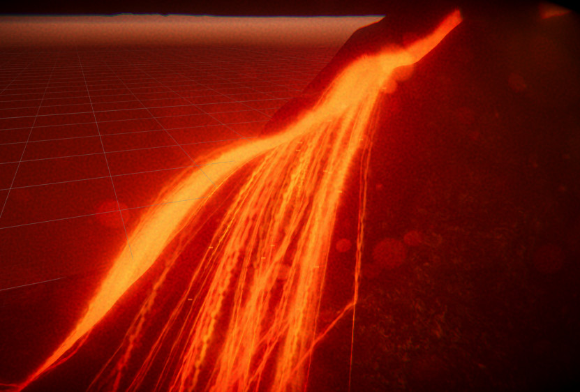 Adding in some lava trails (particle trails falling off the terrain with collision).