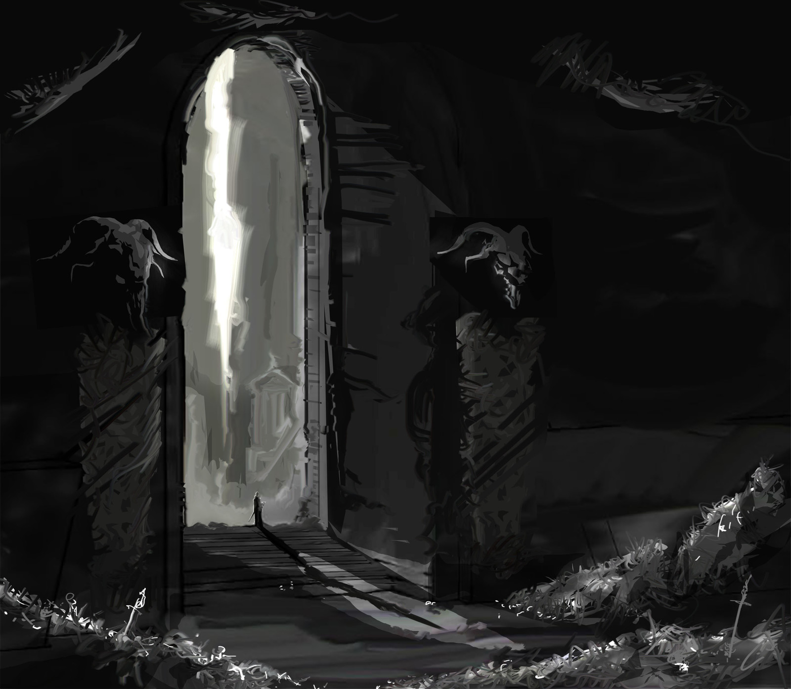 Looking at the exploration "Contrasts" in the design phase. Here contrasts in scale - huge door, tiny figure. We also have secondary contrasts, that of light - bright welcoming exterior, dark and foreboding  interior...