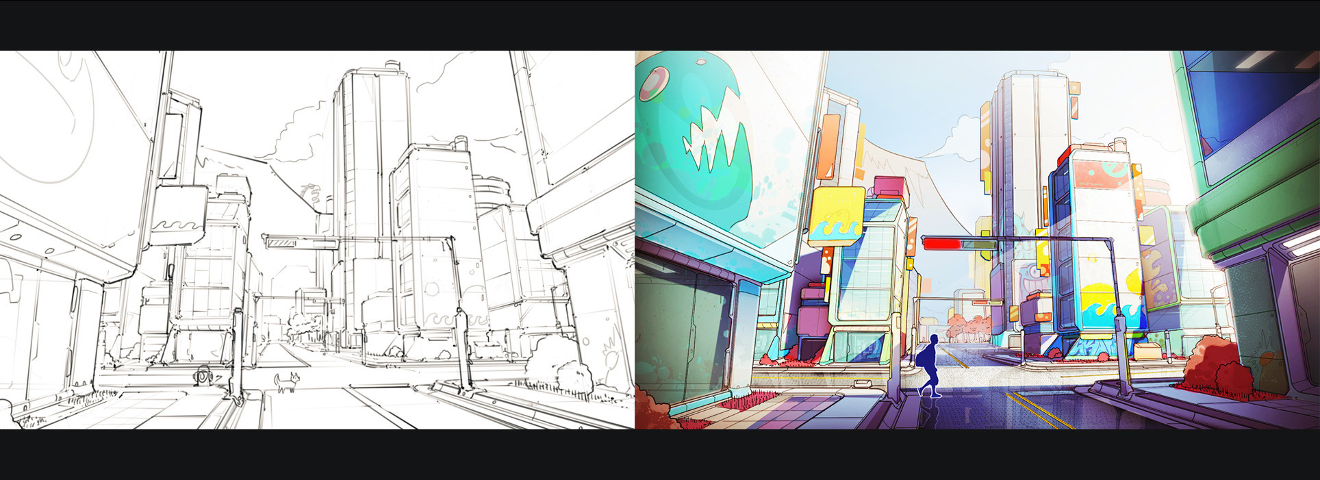 Original concept for the city. First visions were very bright and colorful. Biggest inspiration was 'Sunset Overdrive'. 