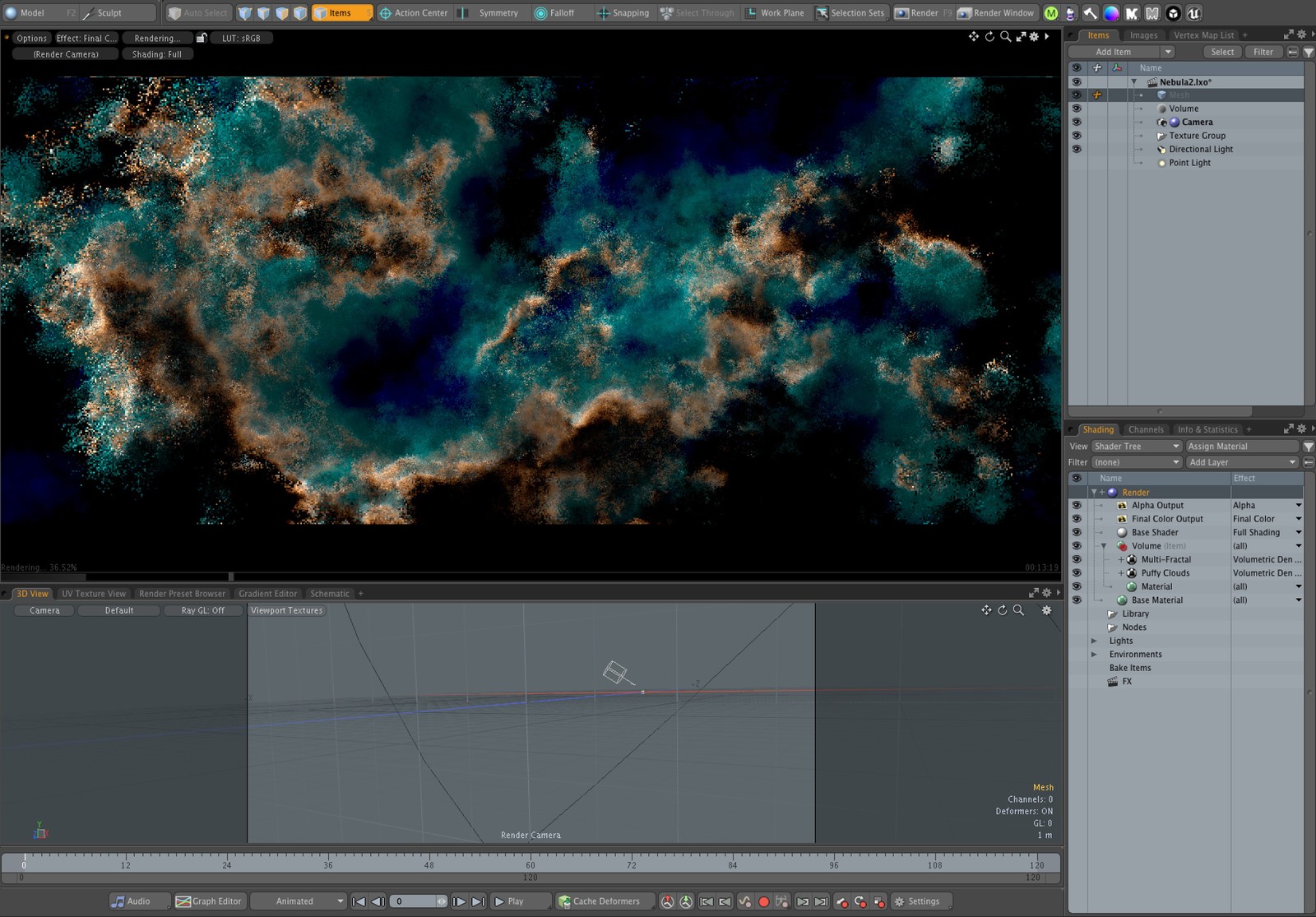 Modo's internal volume was used to create the nebula. There's barely anything more to show actually. I'm using only 2 procedural noises to drive the entire appearance.