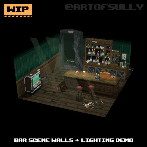 3D Pixel-Art Bar Scene Walls + Lighting Demo (WIP) (Commission)