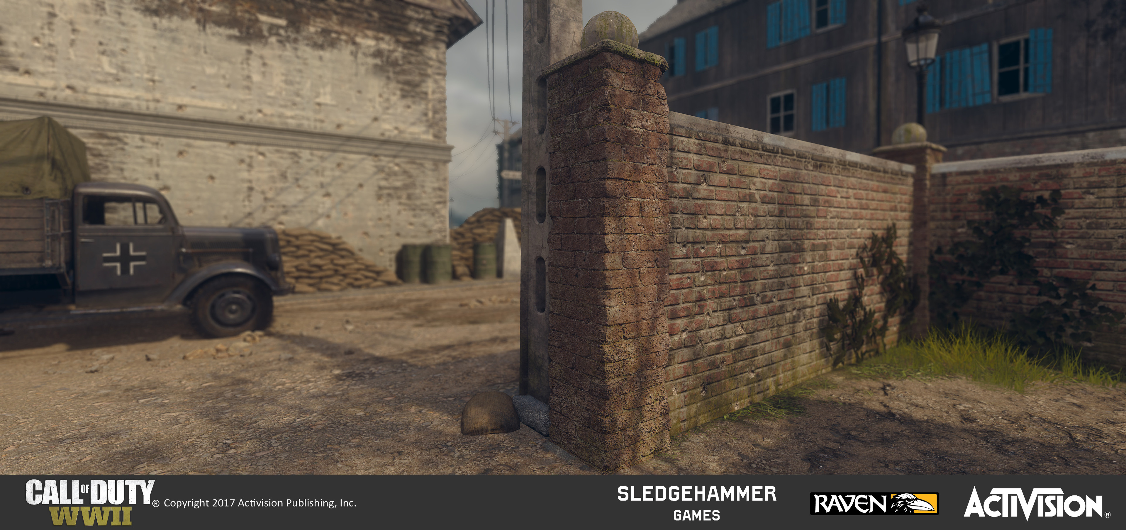 Damaged brick column model in-game. I also worked on material configuration on the house structure in the left area of the background.