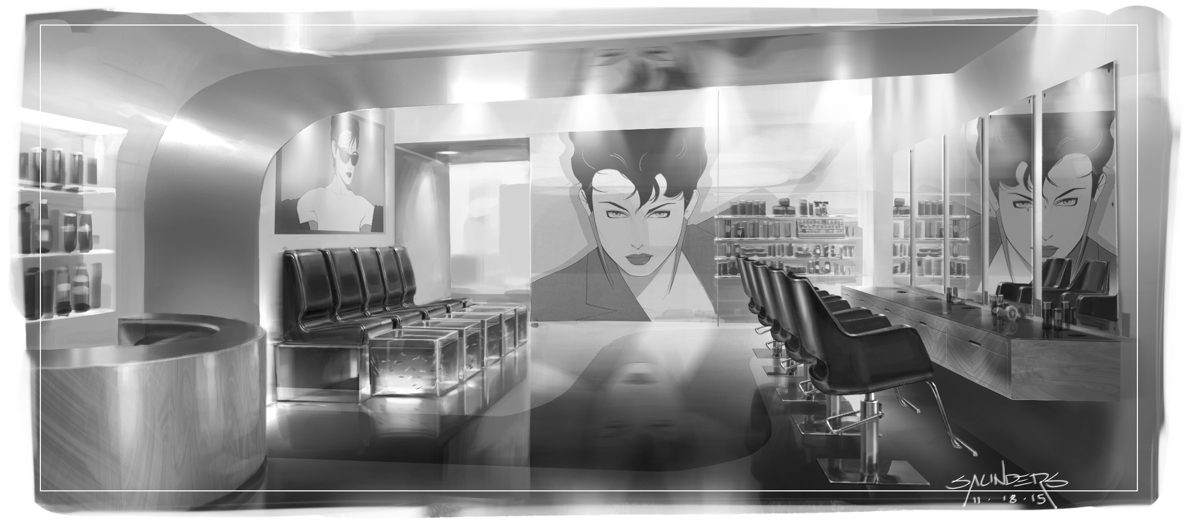 A more 80's New Wave inspired design. Art on the walls is Nagel, of course.