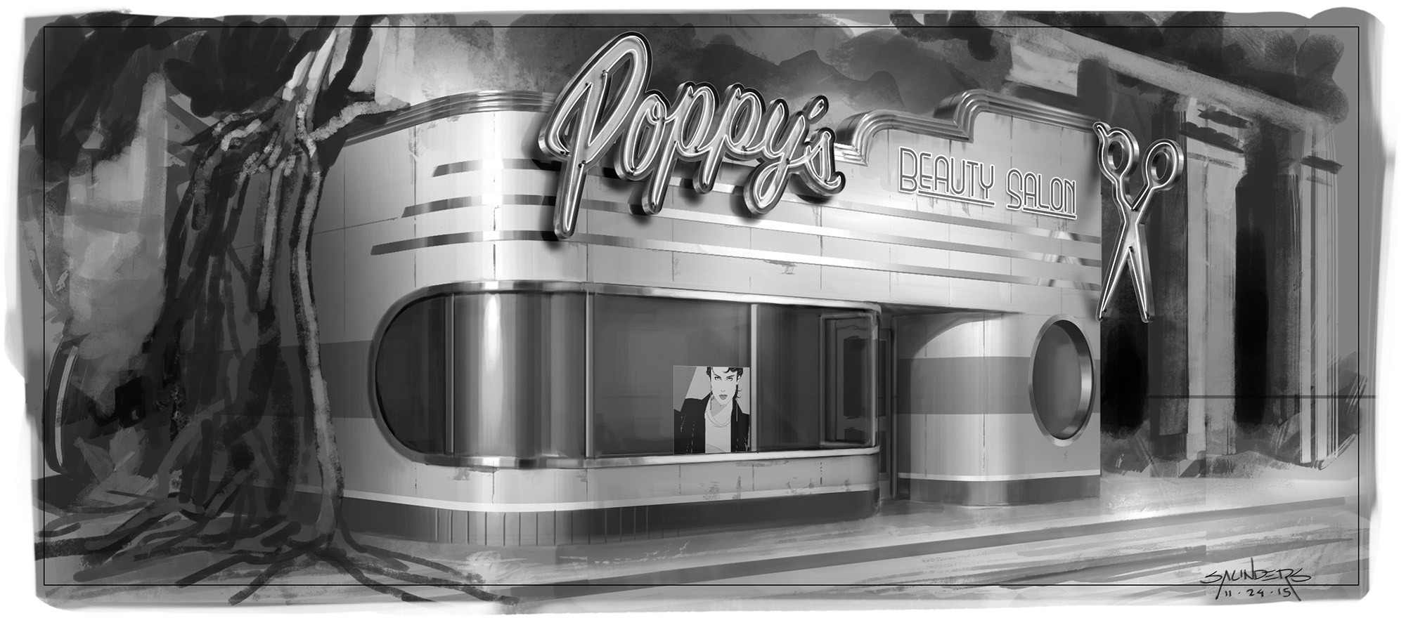 A pass at Poppy's Salon exterior featuring 50's streamline design.