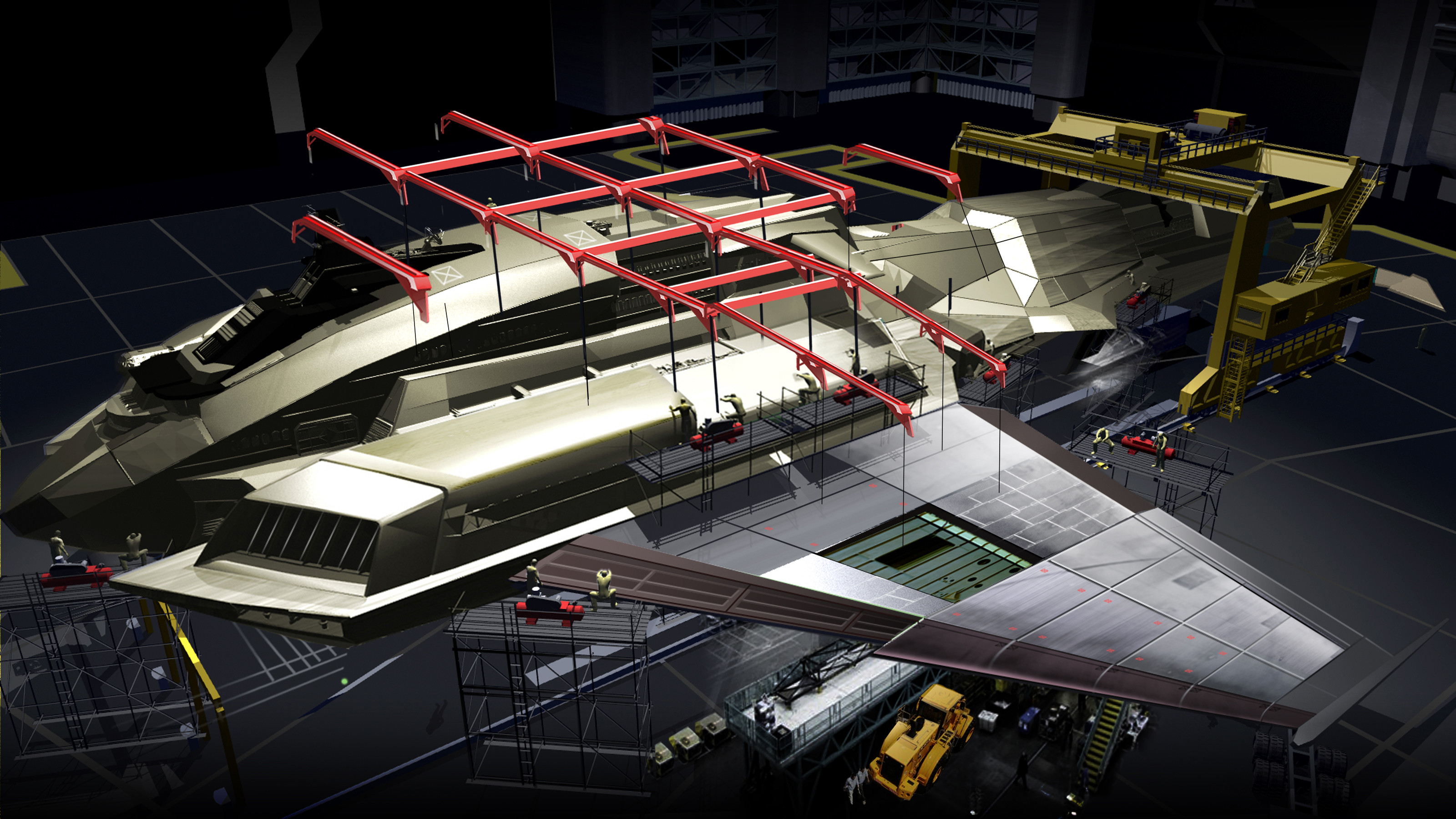 3D Hangar Design &amp; Ship Refinement Texturing and Graphics Concept for ScyFy's Eureka Season 5. Original ship design by Matt Gore / LUX VFX