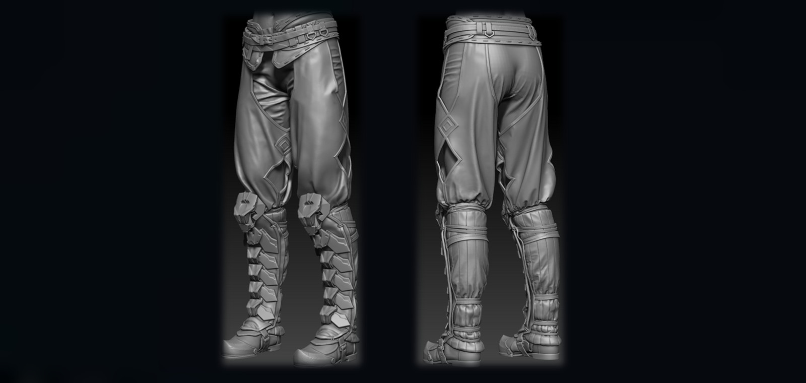 We used Marvelous Designer to create these realistic simulated pants. We looked for the right balance between a straight cut and the clothes' natural wrinkles.