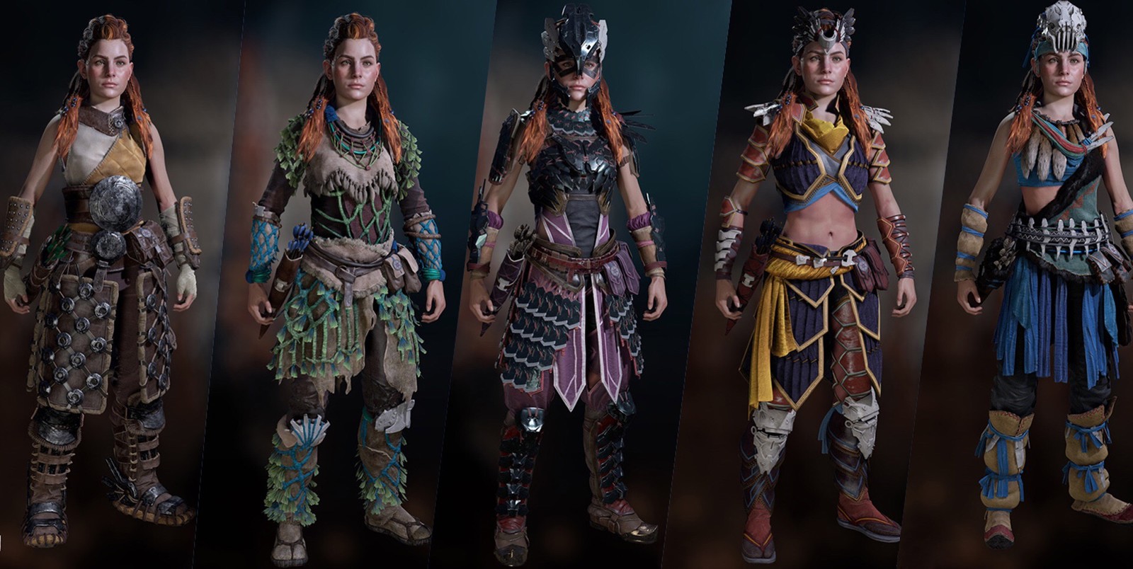 A selected lineup of Aloy's clothing we did. 