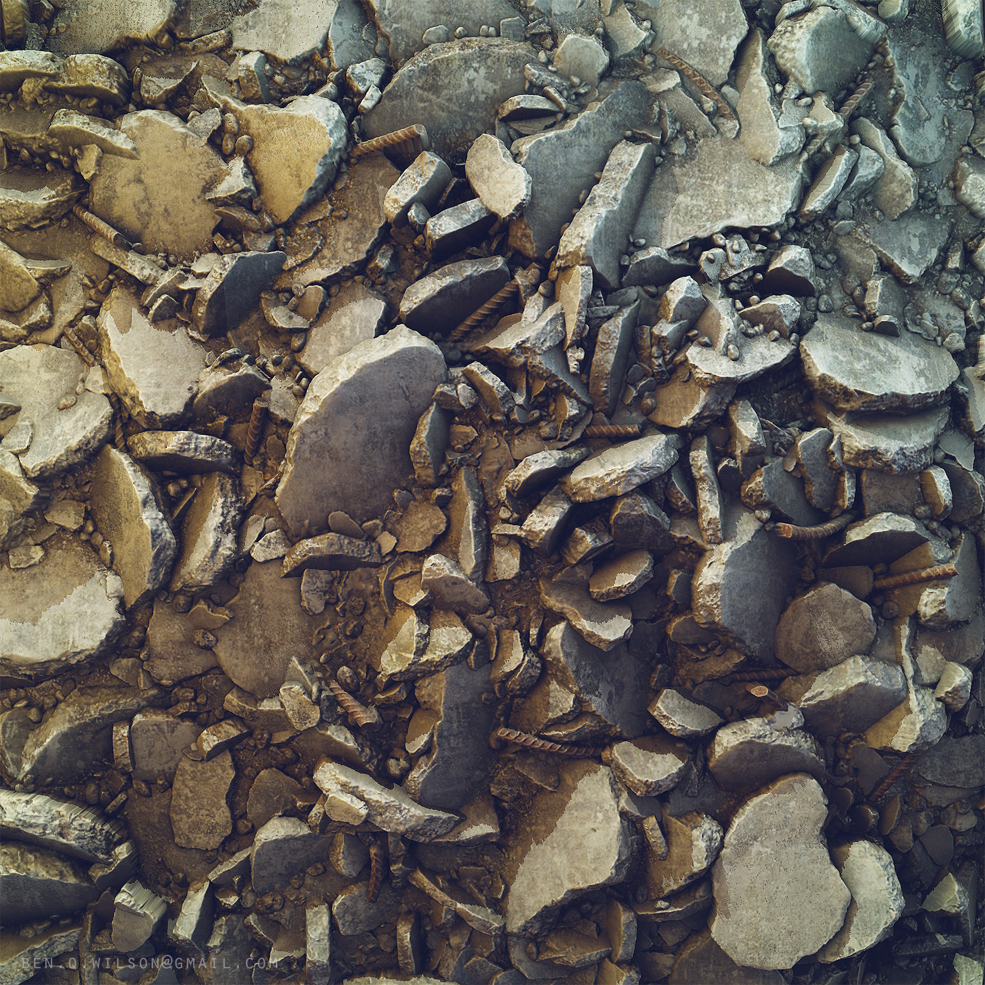This tileable texture was intended as a blending set and is used to ground the rubble.