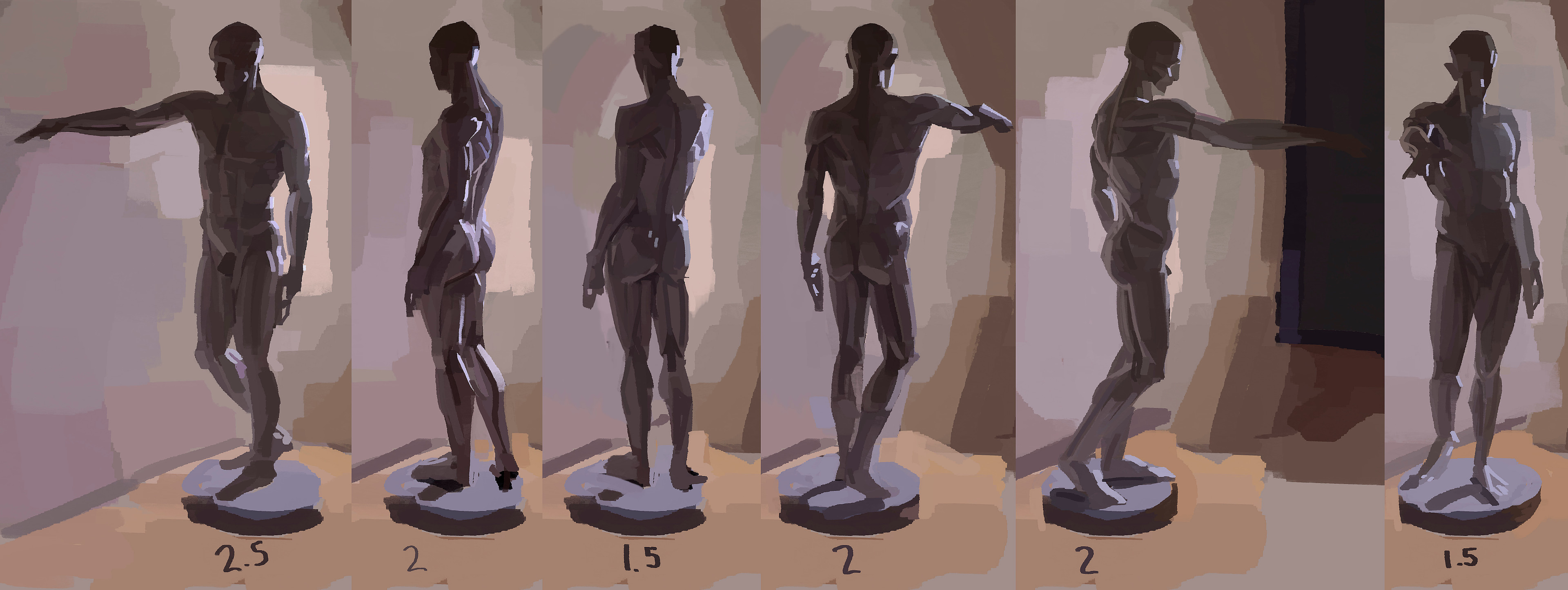Some studies of the écorché. Numbers underneath each paint are hours spent on them.
