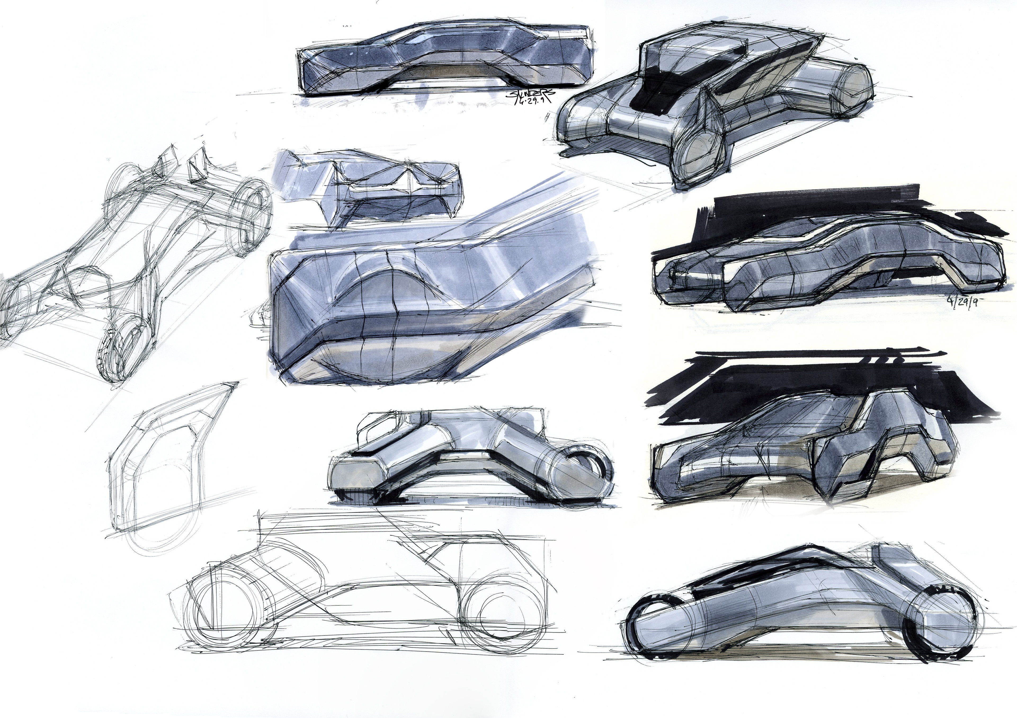 A page of rough marker sketches for Tron background vehicles.

