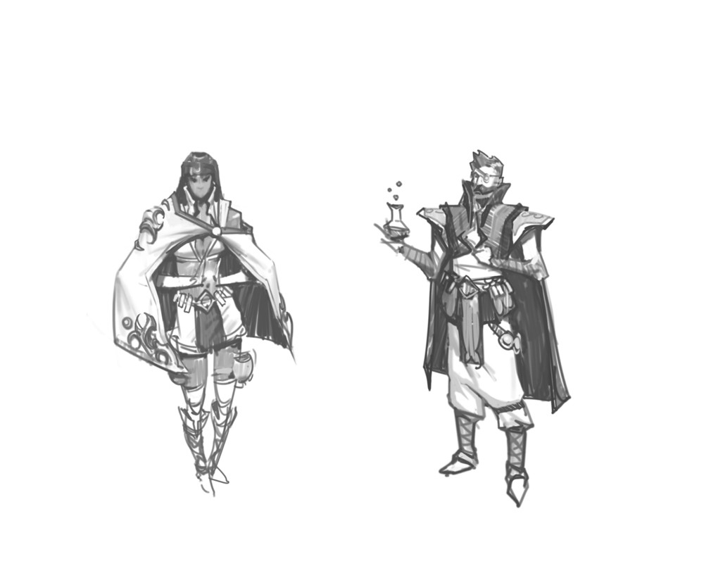 Approved sketches of a male and female version of the alchemist
