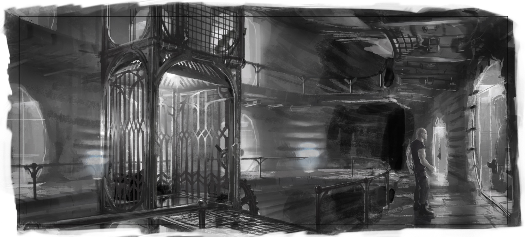 The first B&amp;W thumbnail I did to establish the look. I'll generally lay out four of these on a page and work on them simultaneously.