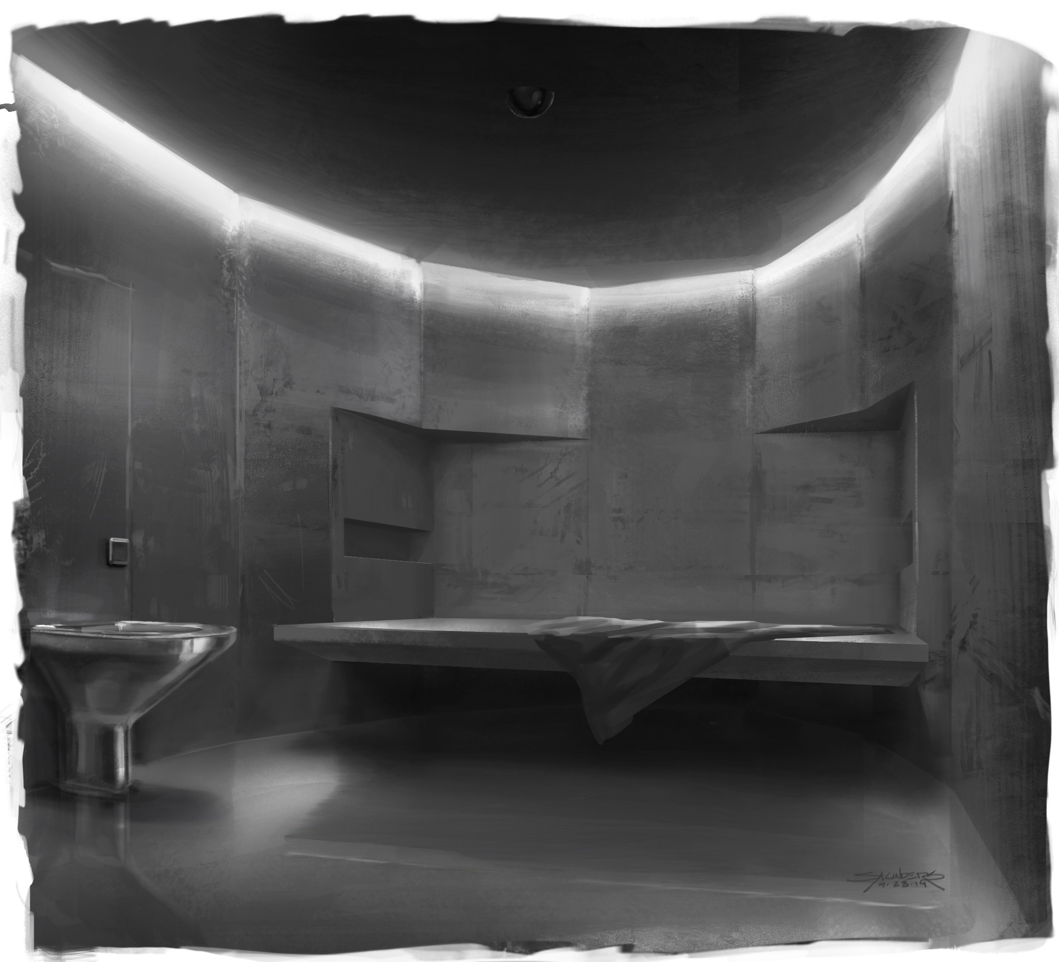 Thumbnail sketch of what a cell might look like. I design as much for lighting as for actual space, so these B&amp;W paintings help me to focus on just the forms and how they will affect the lighting composition of the scene. 