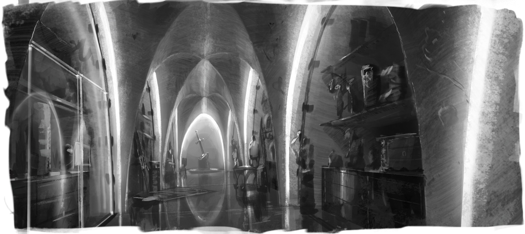 A sketch for the vault of precious and dangerous artifacts. Trying to combine the medieval with the modern.