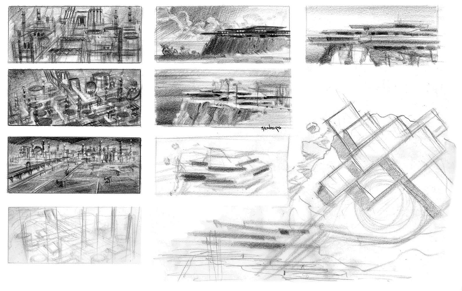 More layout sketches of the house, establishing mood and feel. Note also sketches for the Khan refinery assault scene that was ultimately cut from the climax of the movie.
