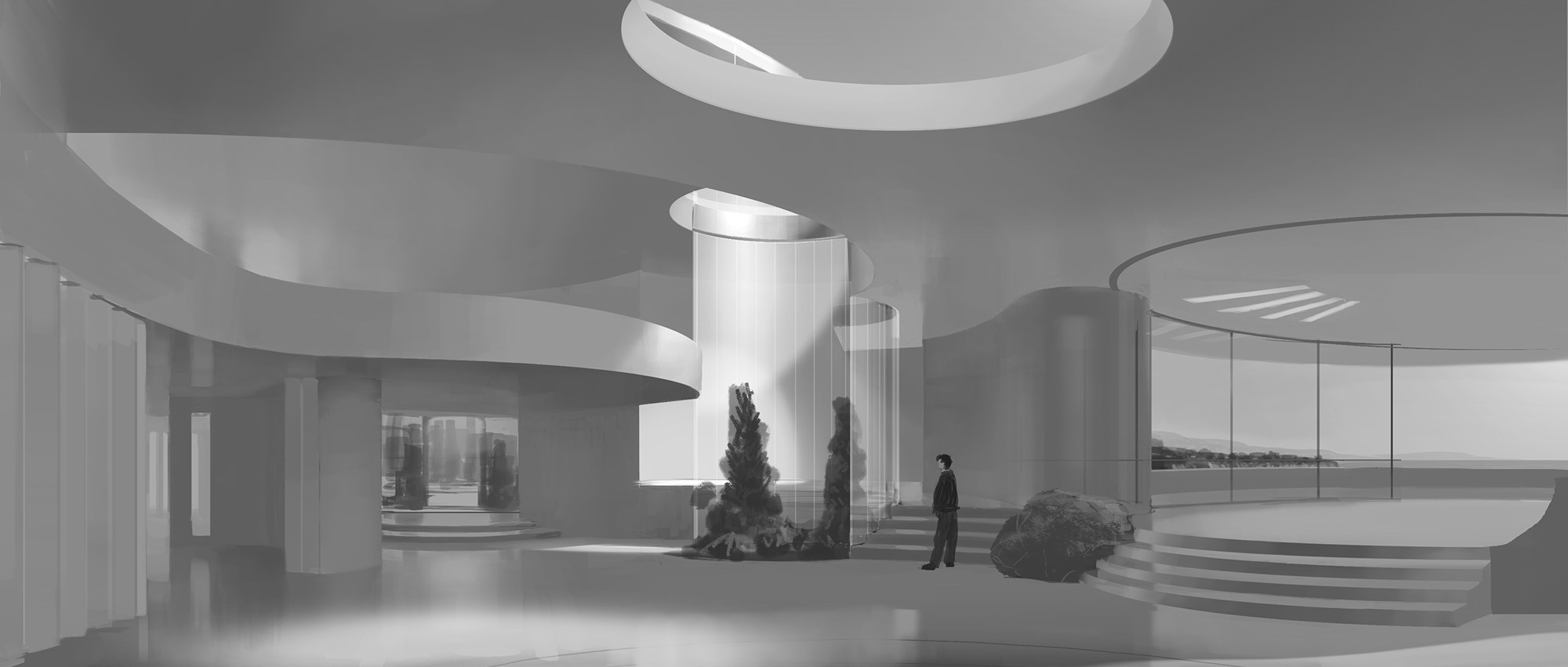 Early work-in-progress to show how I work out architectural forms with values and lighting. 