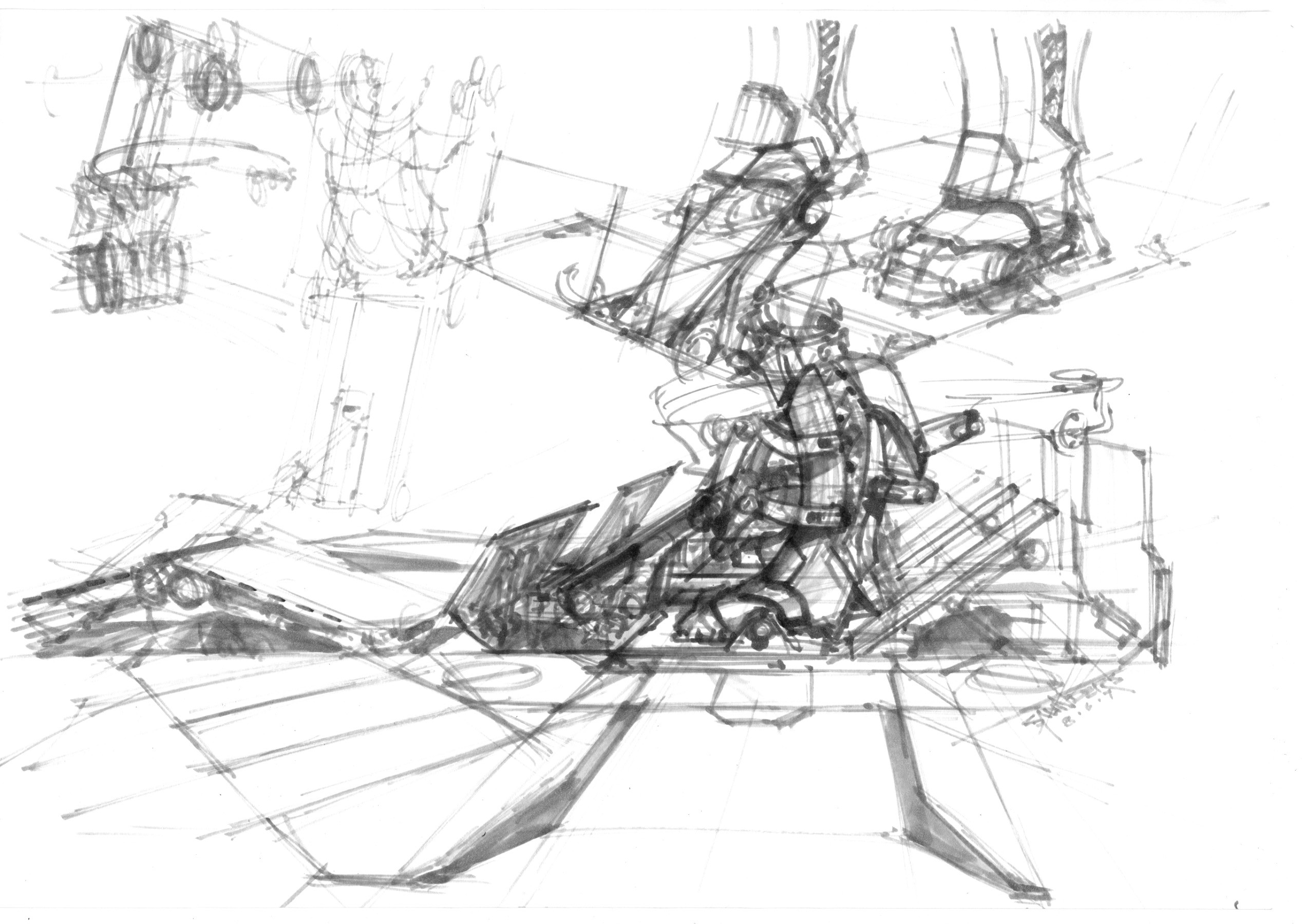 Working out how the panels would open around the boots (marker)