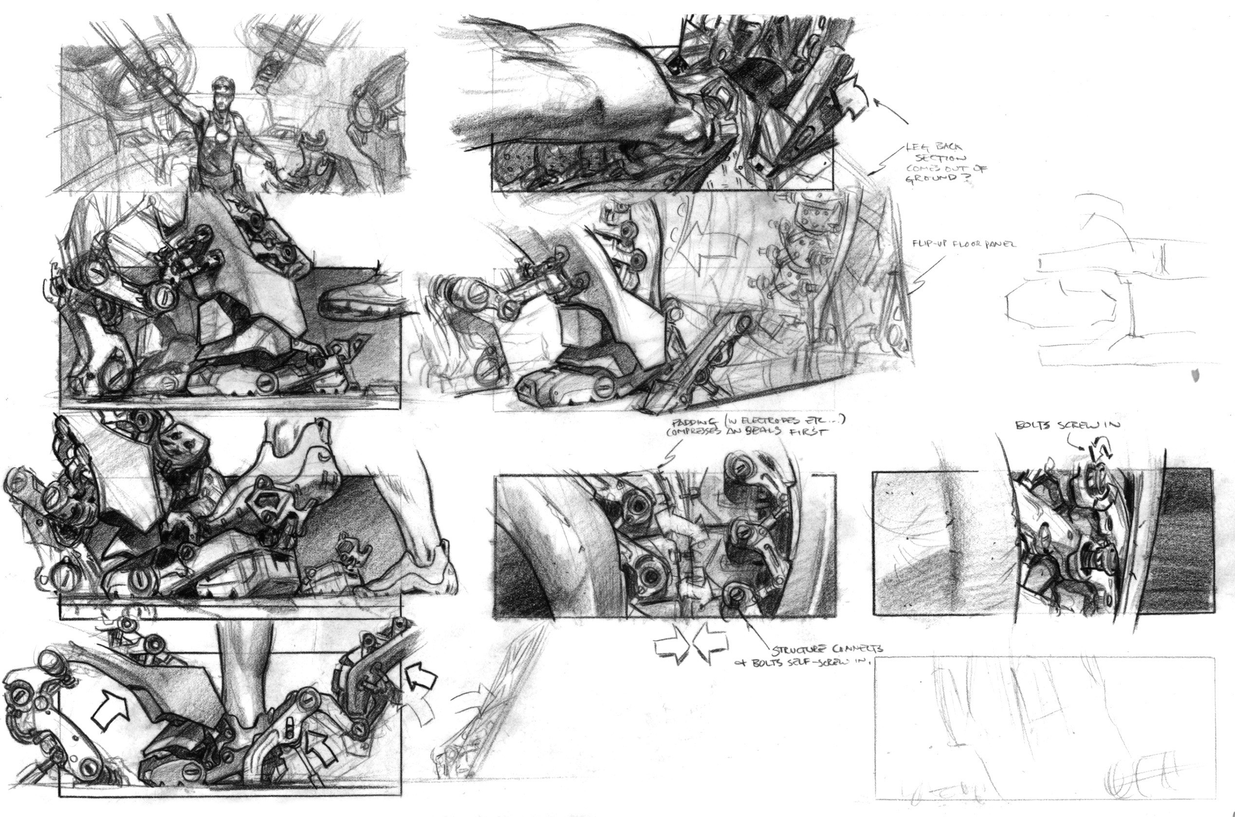 Suiting-up storyboards showing potential key shots in the suit-up sequence.(Pencil on vellum)